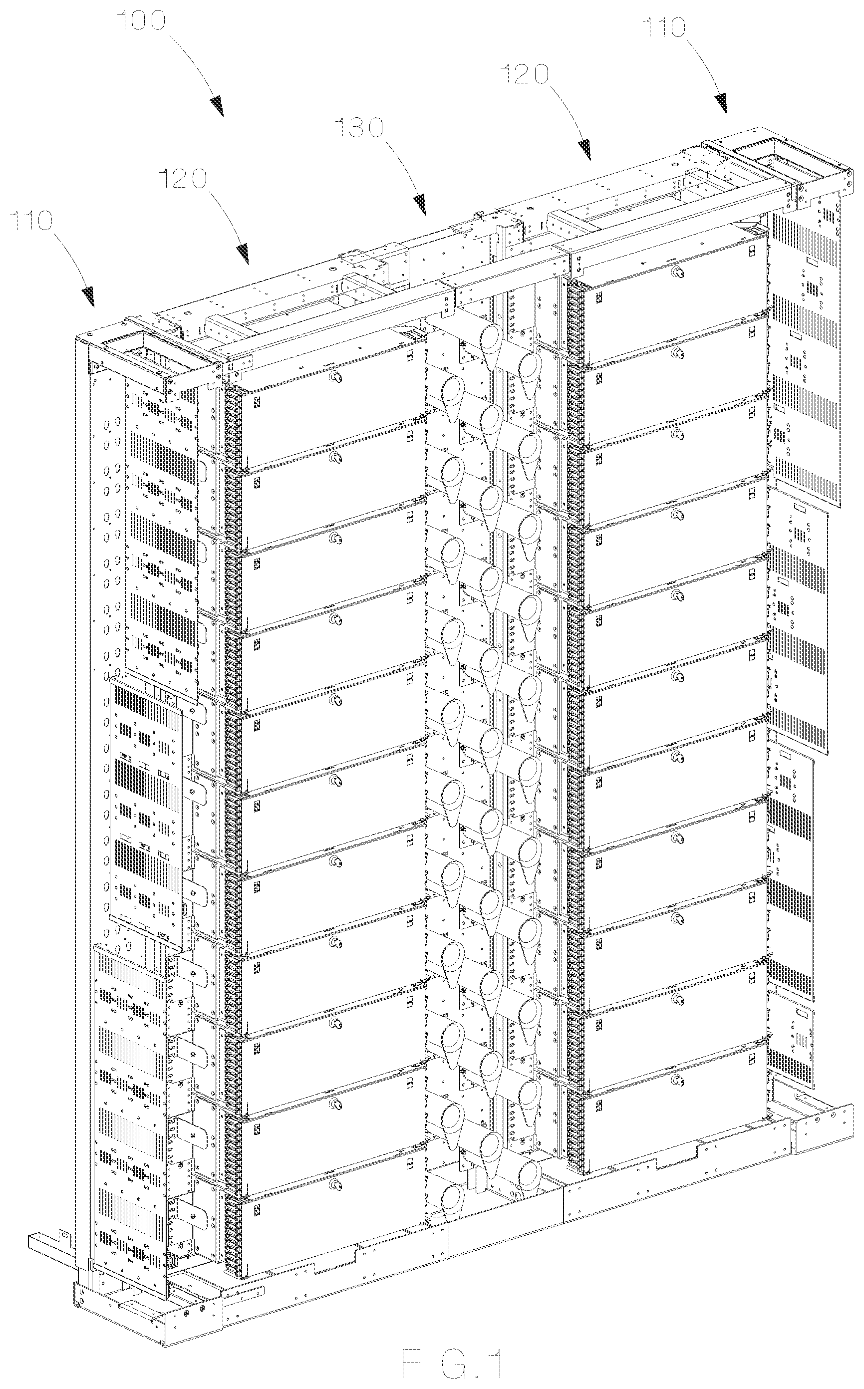 Patent US12321032 Figure 1 – Optical distribution and splice frame including cassettes