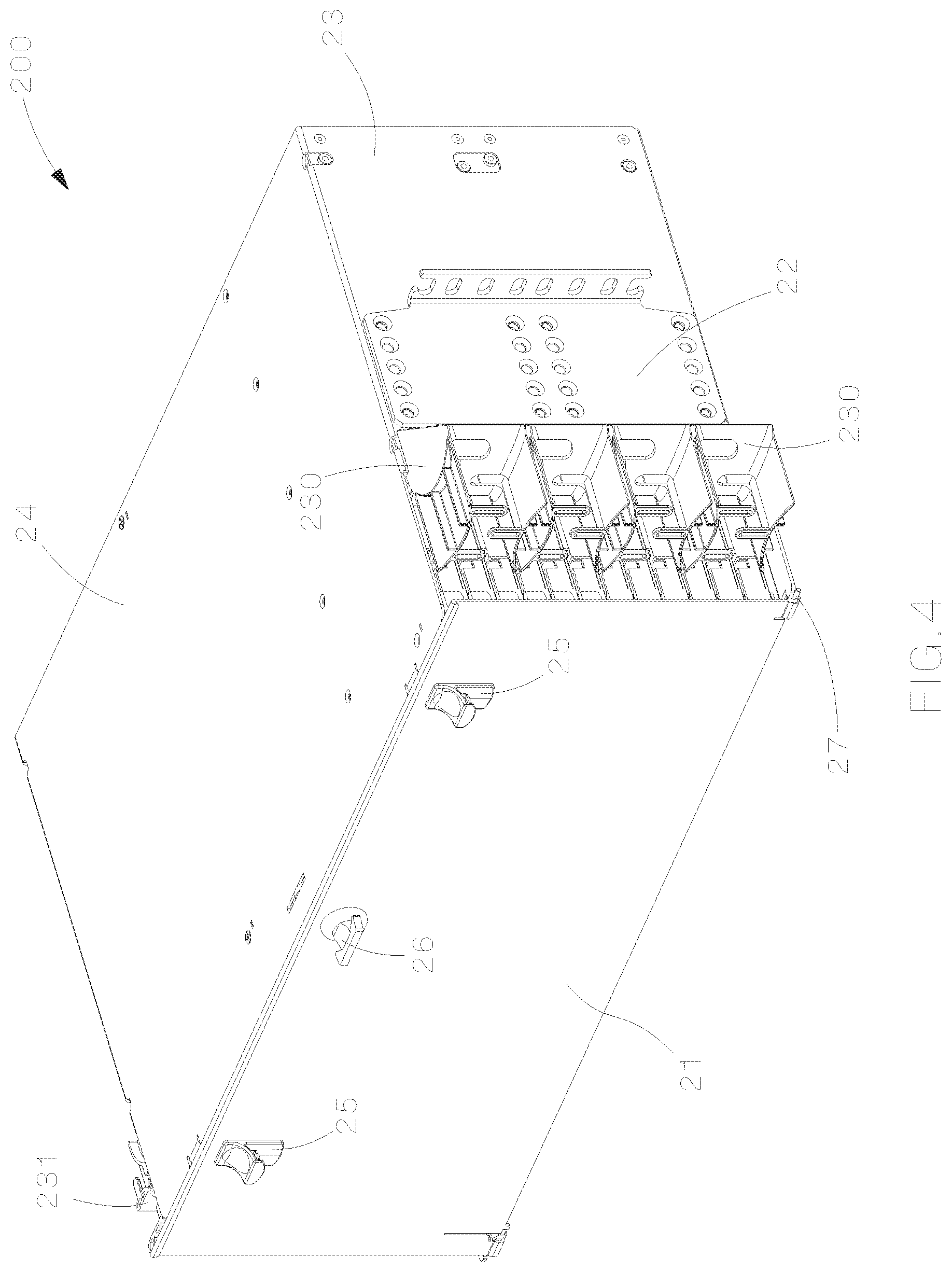 Patent US12321032 Figure 4 – Optical distribution and splice frame including cassettes