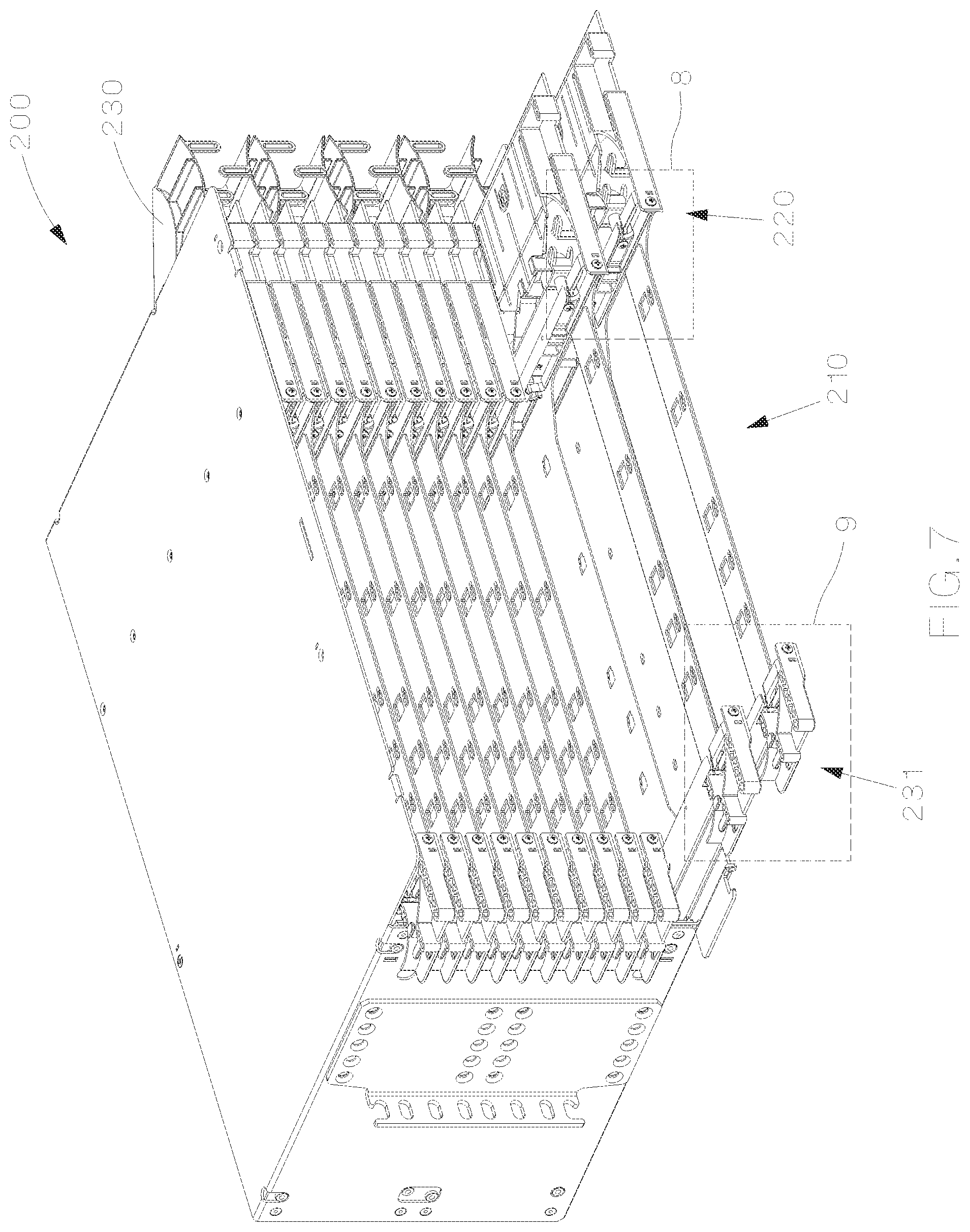 Patent US12321032 Figure 7 – Optical distribution and splice frame including cassettes