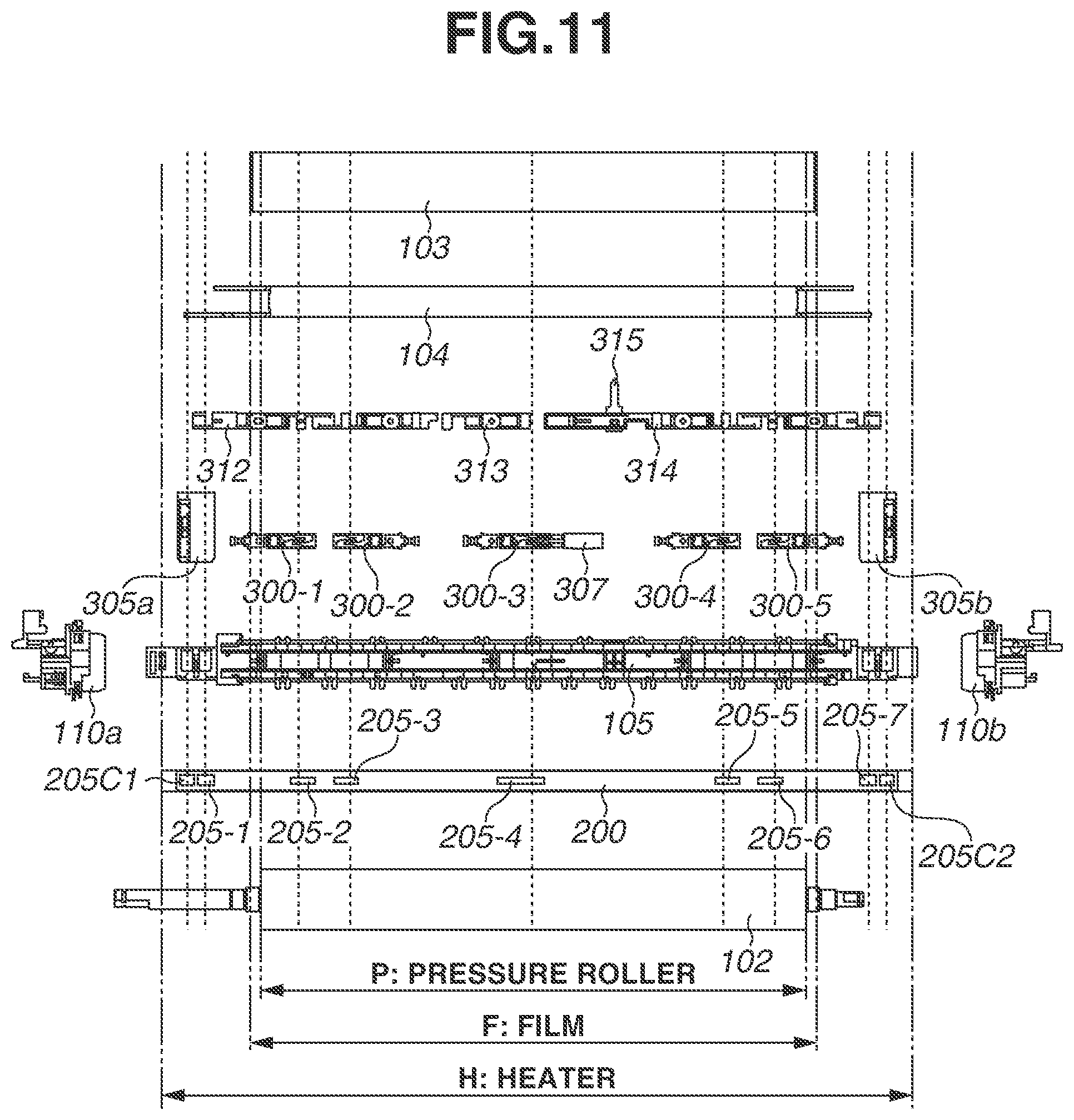Patent US12321117 Figure 11 – Fixing device in which a power supply terminal in contact with an electrode of a heater and a power supply cable are arranged in an internal space of a film