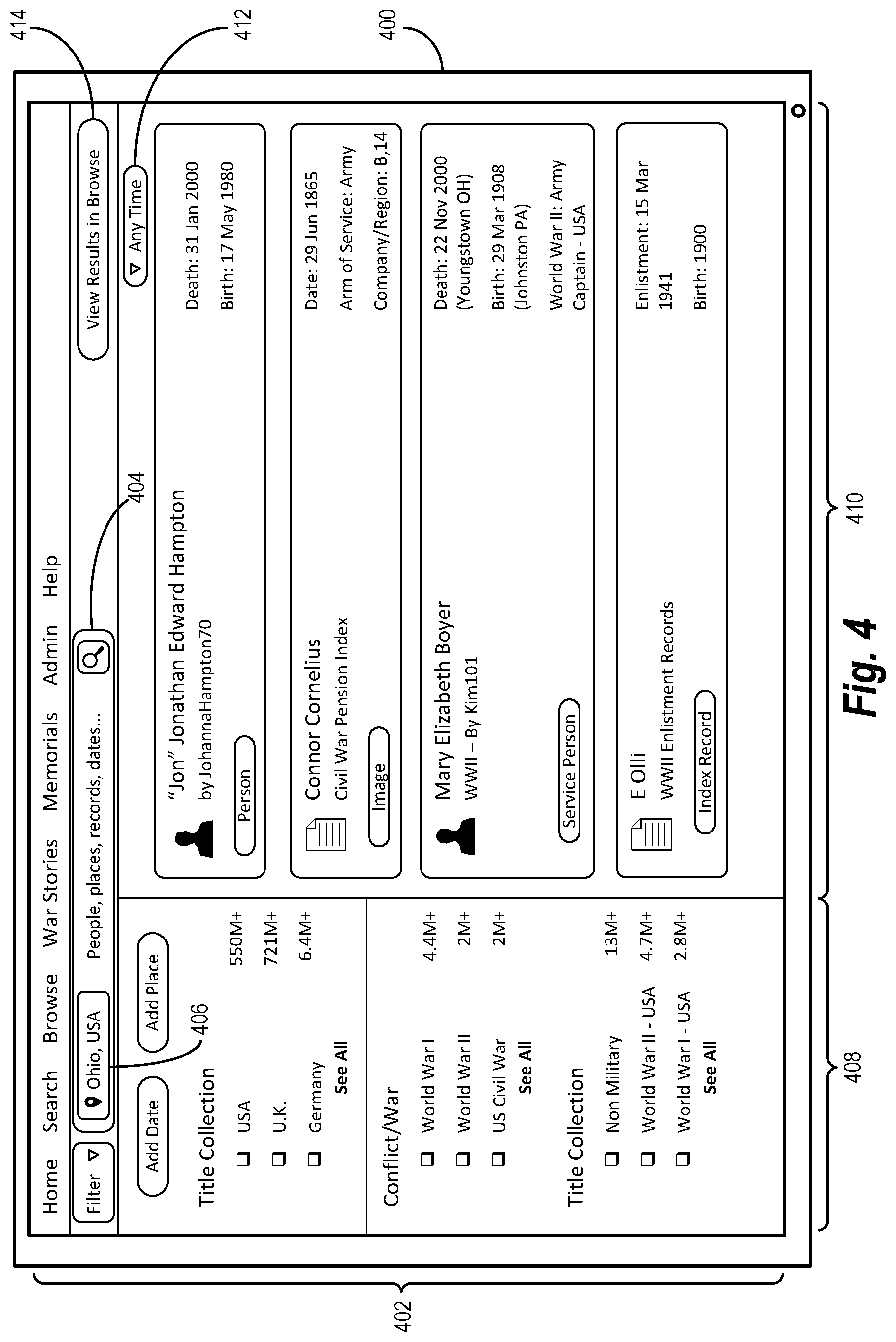 Patent US12321341 Figure 4 – Hybrid search-and-browse interface
