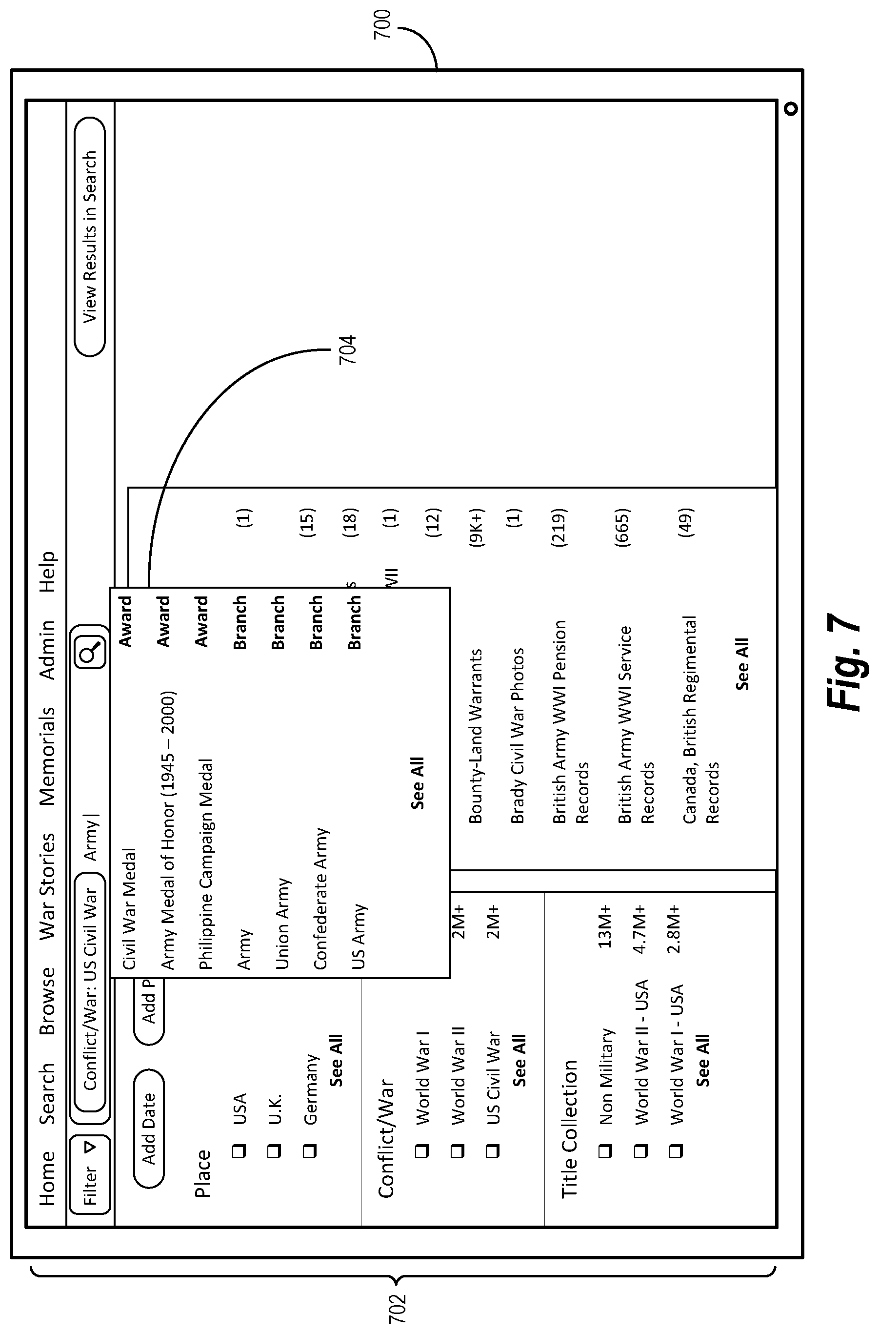 Patent US12321341 Figure 7 – Hybrid search-and-browse interface