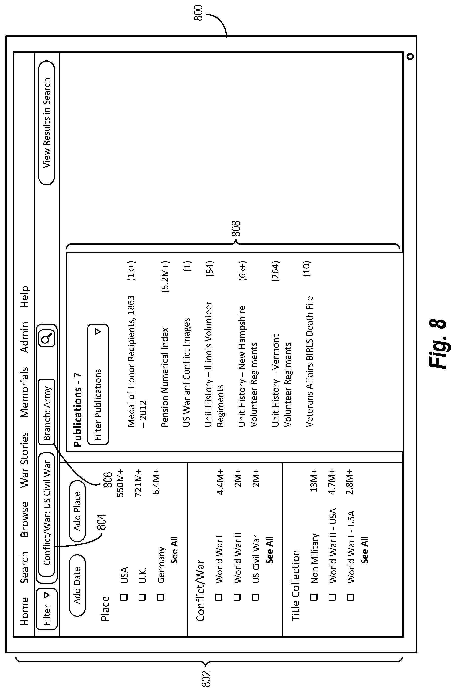 Patent US12321341 Figure 8 – Hybrid search-and-browse interface