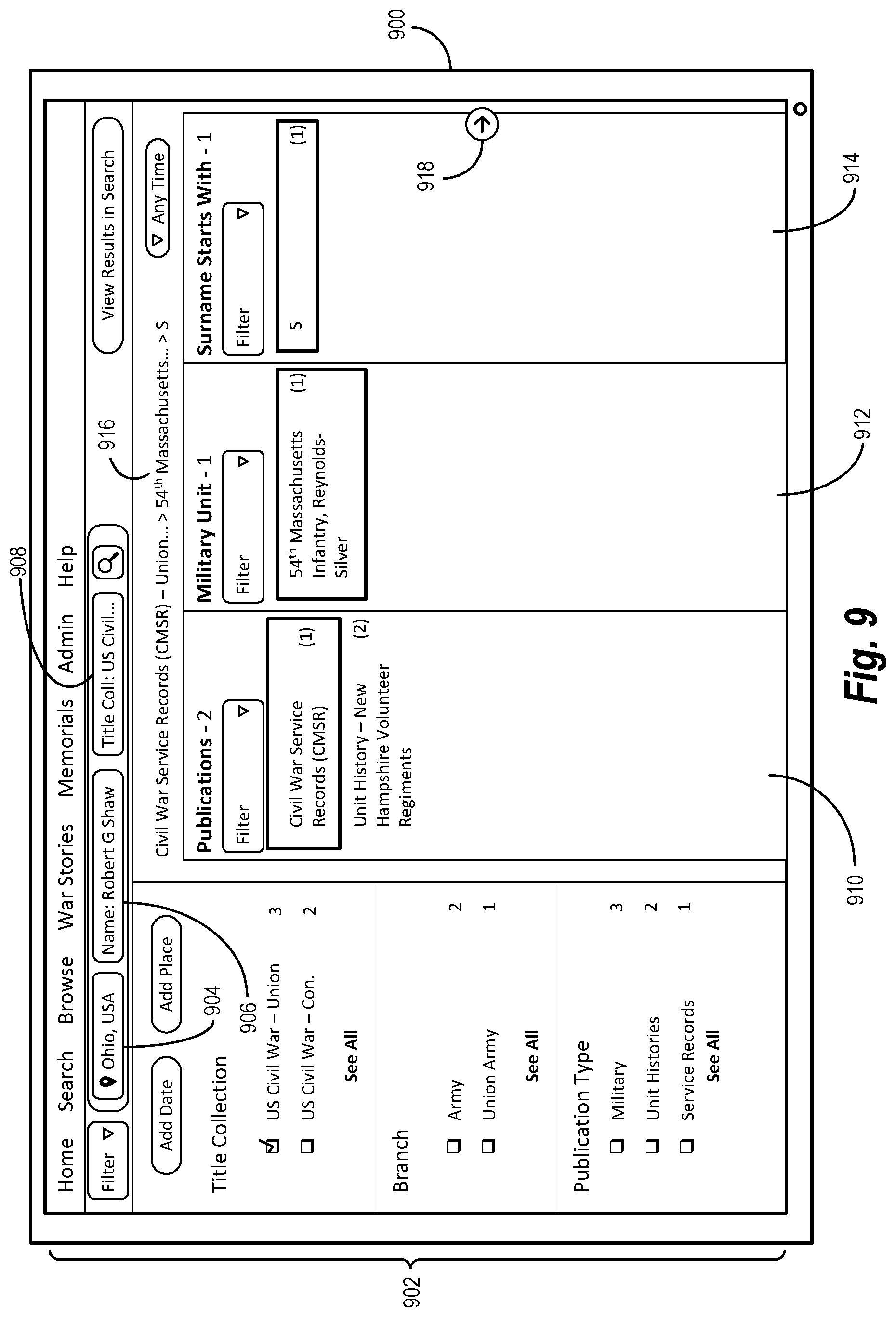Patent US12321341 Figure 9 – Hybrid search-and-browse interface