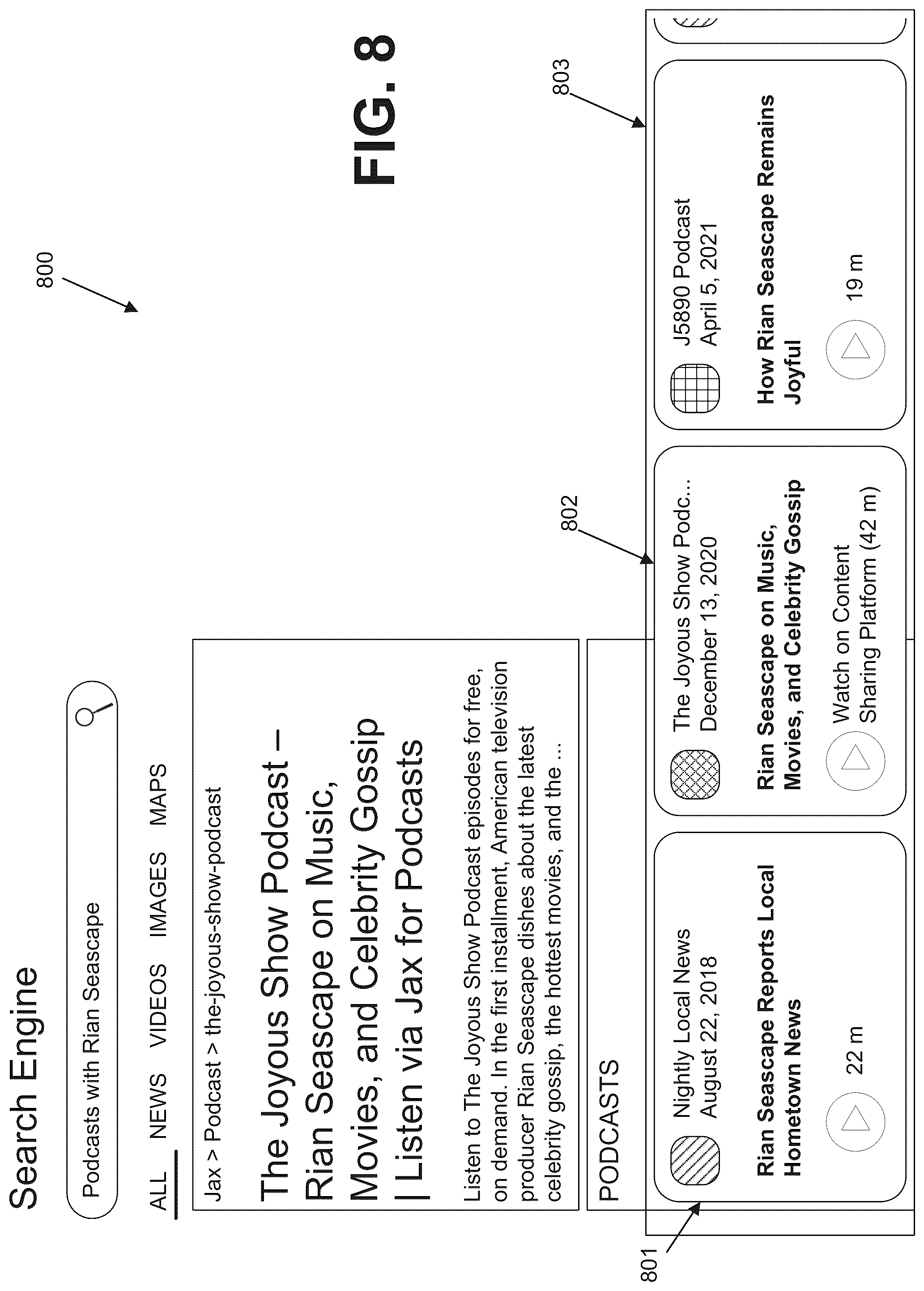 Patent US12321413 Figure 8 – Matching video content to podcast episodes