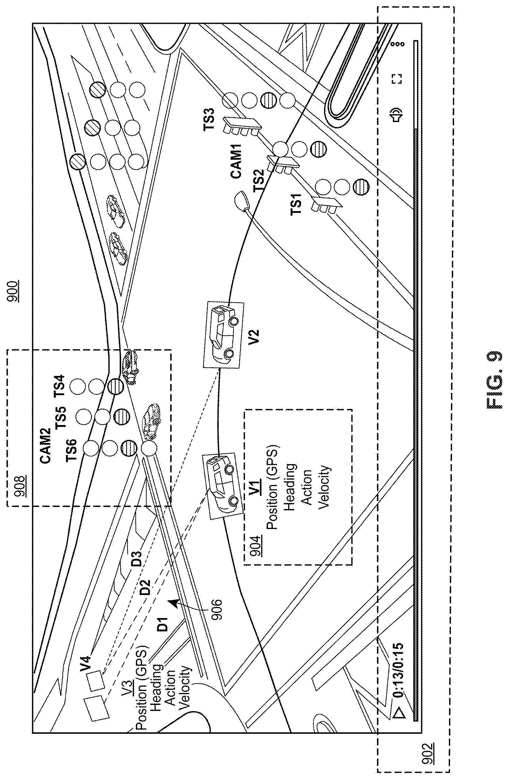Patent US12321421 Figure 9 – Providing a GUI to enable analysis of time-synchronized data sets pertaining to a road segment