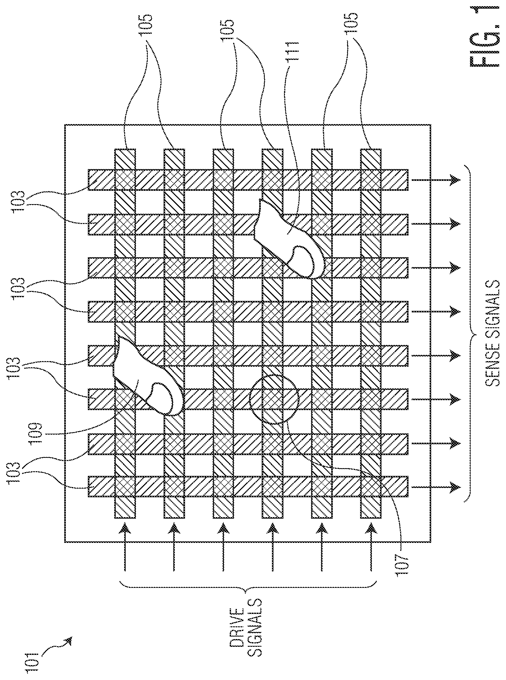 Patent US12321548 — Tough panel location detection with different frequency-phase offset combinations of electrode signals — Figure 1