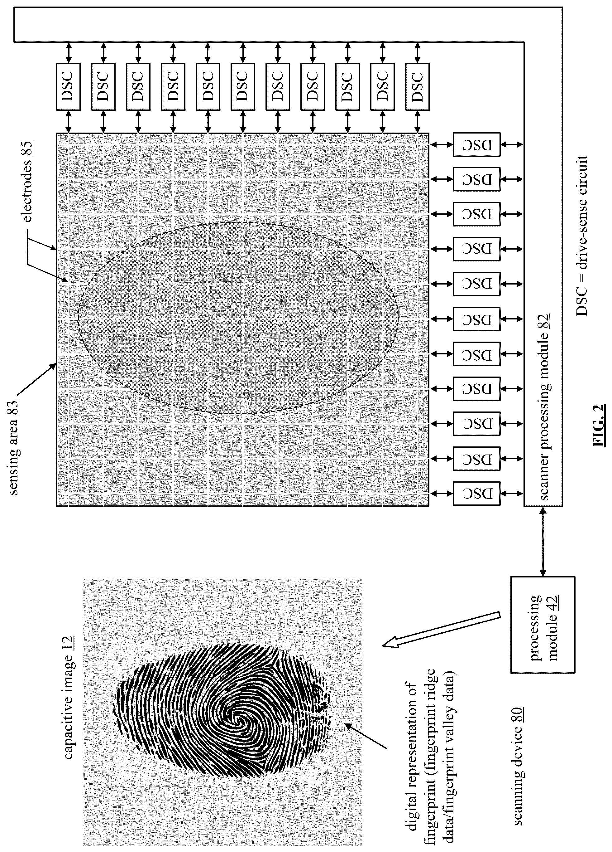 Patent US12321560 Figure 2 – Fingerprint imaging device incorporating electrodes and drive-sense circuitry