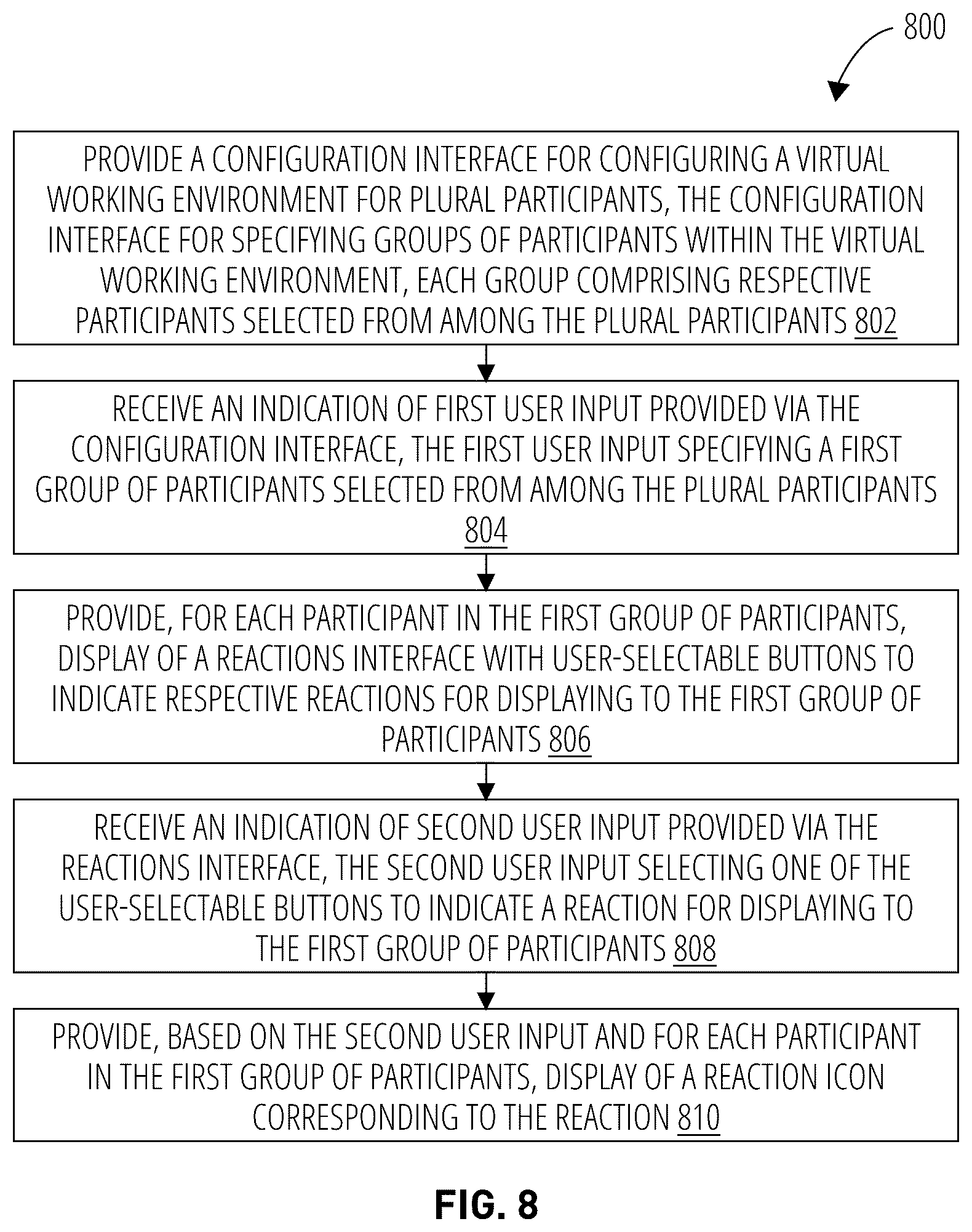 Patent US12321564 Figure 8 – Presenting participant reactions within a virtual working environment