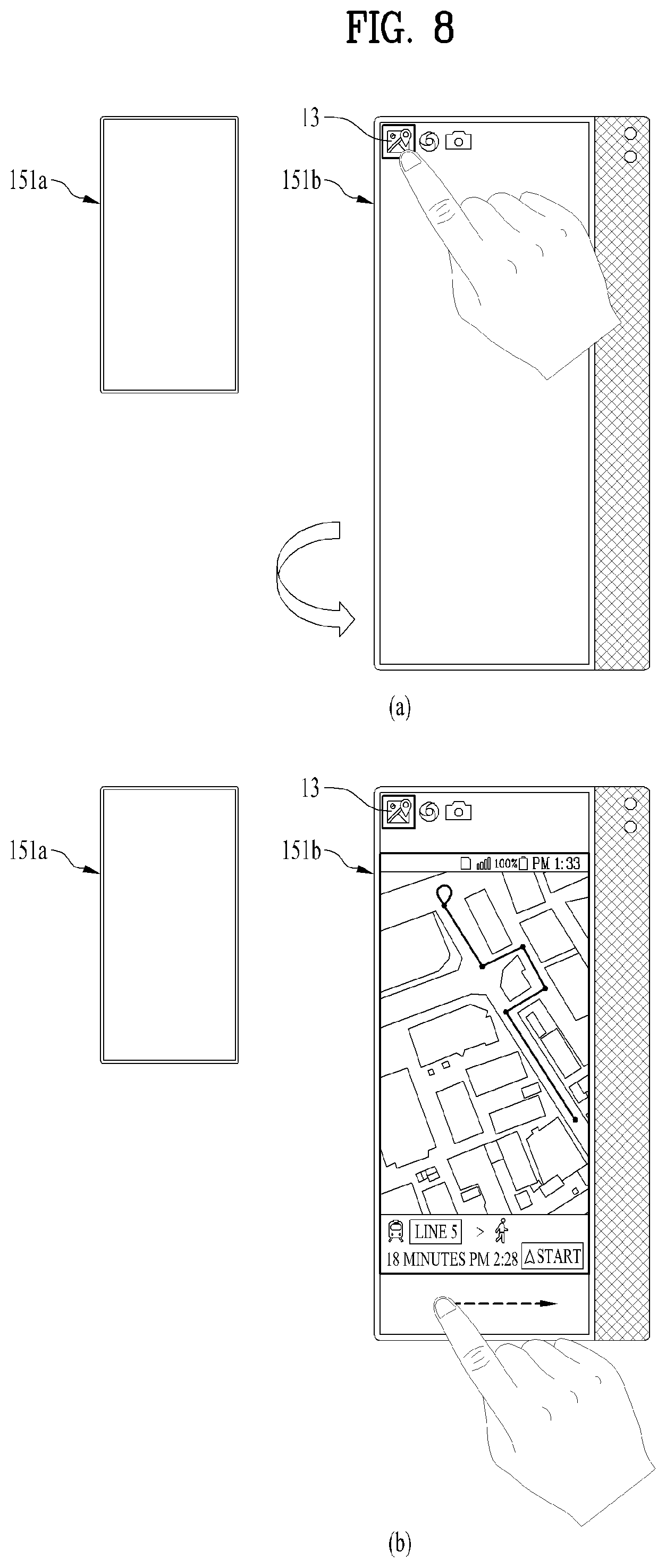 Patent US12321587 Figure 8 – Mobile terminal including flexible display unit having first and second display