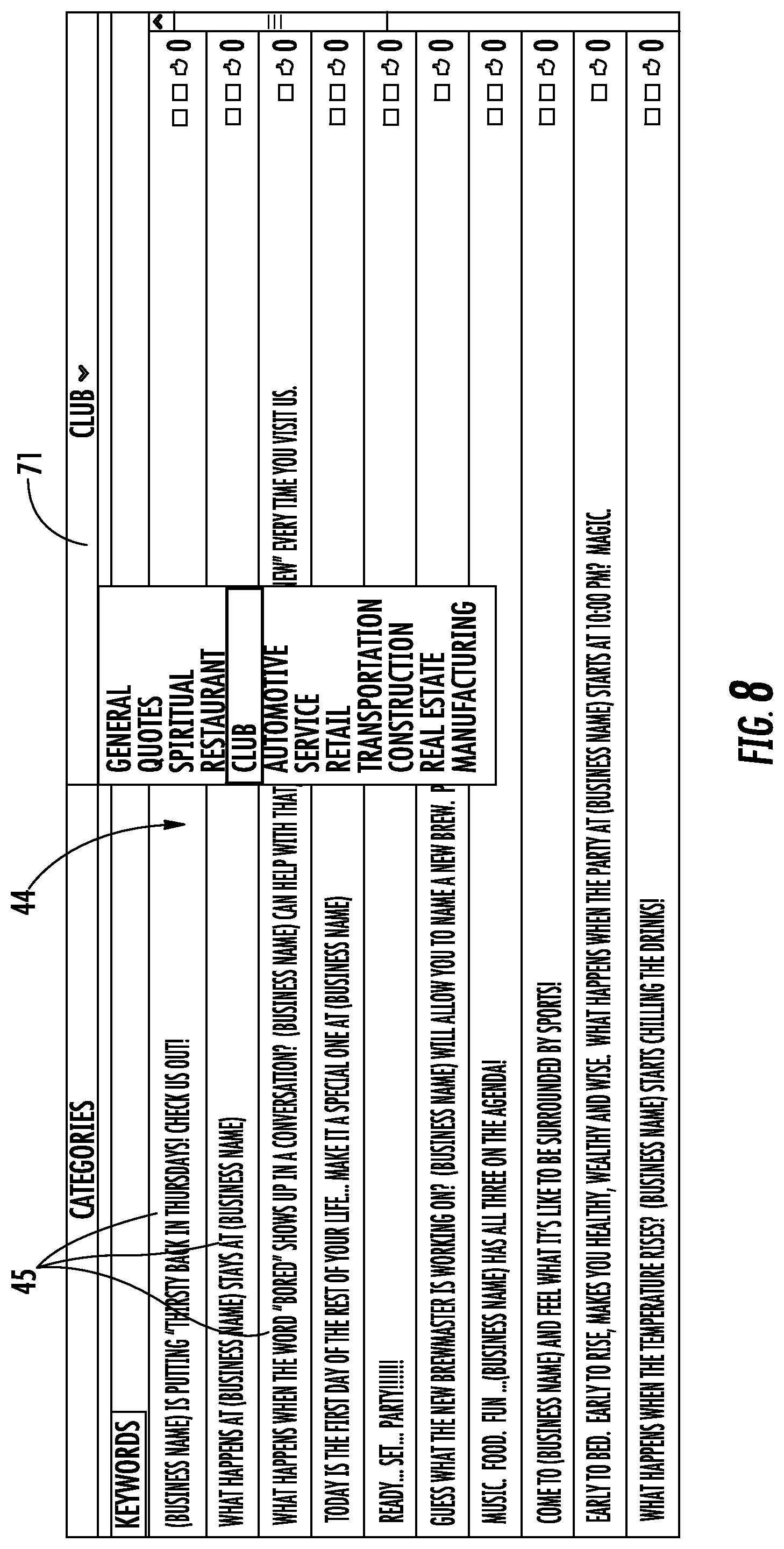 Patent US12321962 Figure 8 – Computer store of posts for posting to user webpages of social networking services from a content provider for expanding commercial advertising at the user webpages