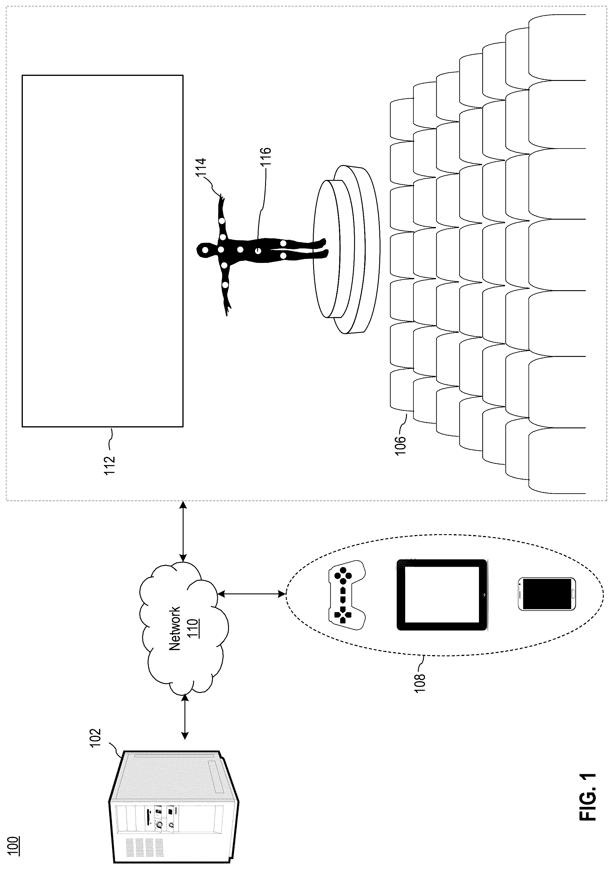 Patent US12322022 Figure 1 – Live venue performance sensor capture and visualization over game network