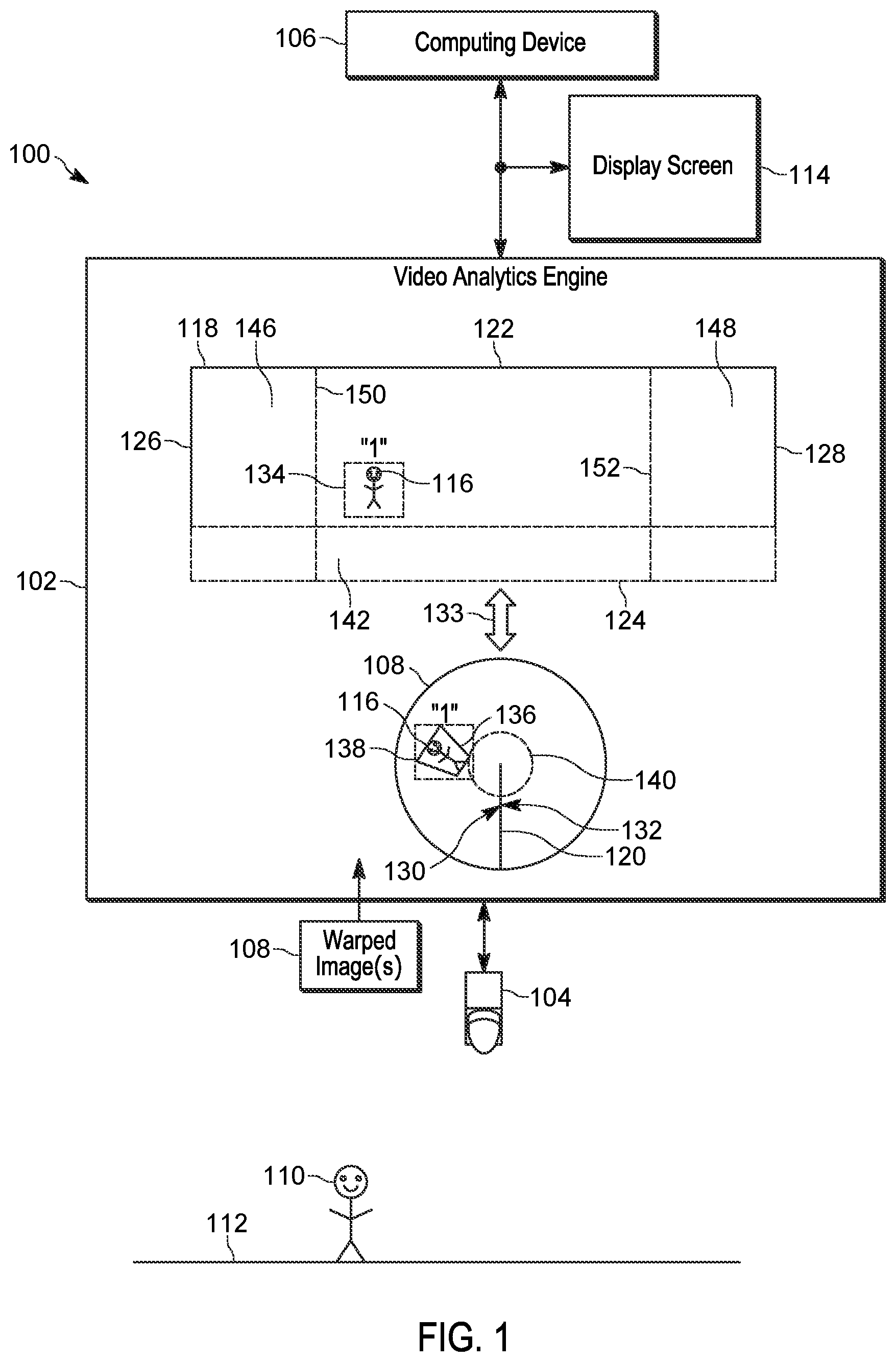 Patent US12322075 Figure 1 – Device, method and system for identifying objects in warped images from a fisheye camera