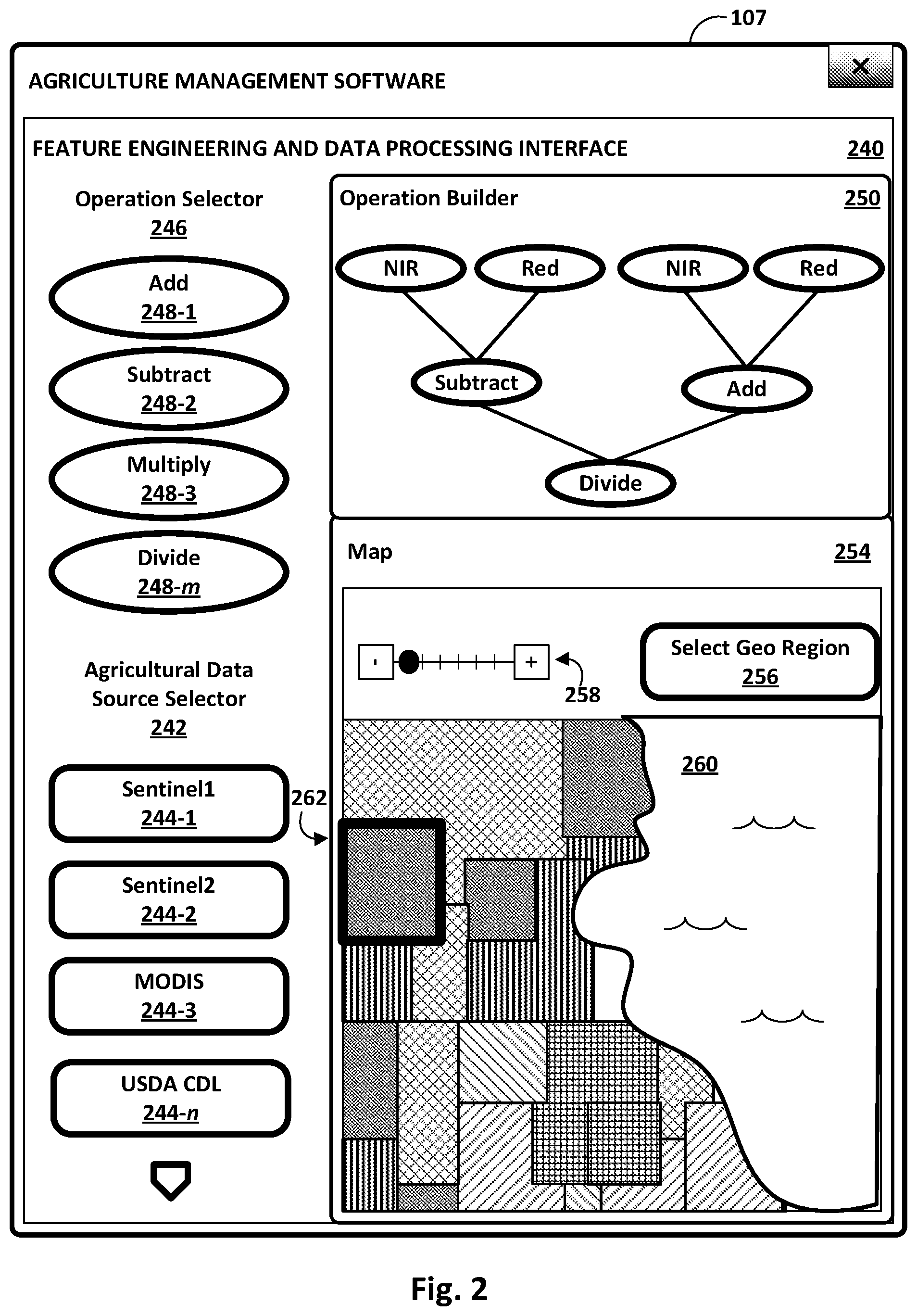 Patent US12322174 Figure 2 – Interactive user interface for feature engineering and data processing on geospatial maps
