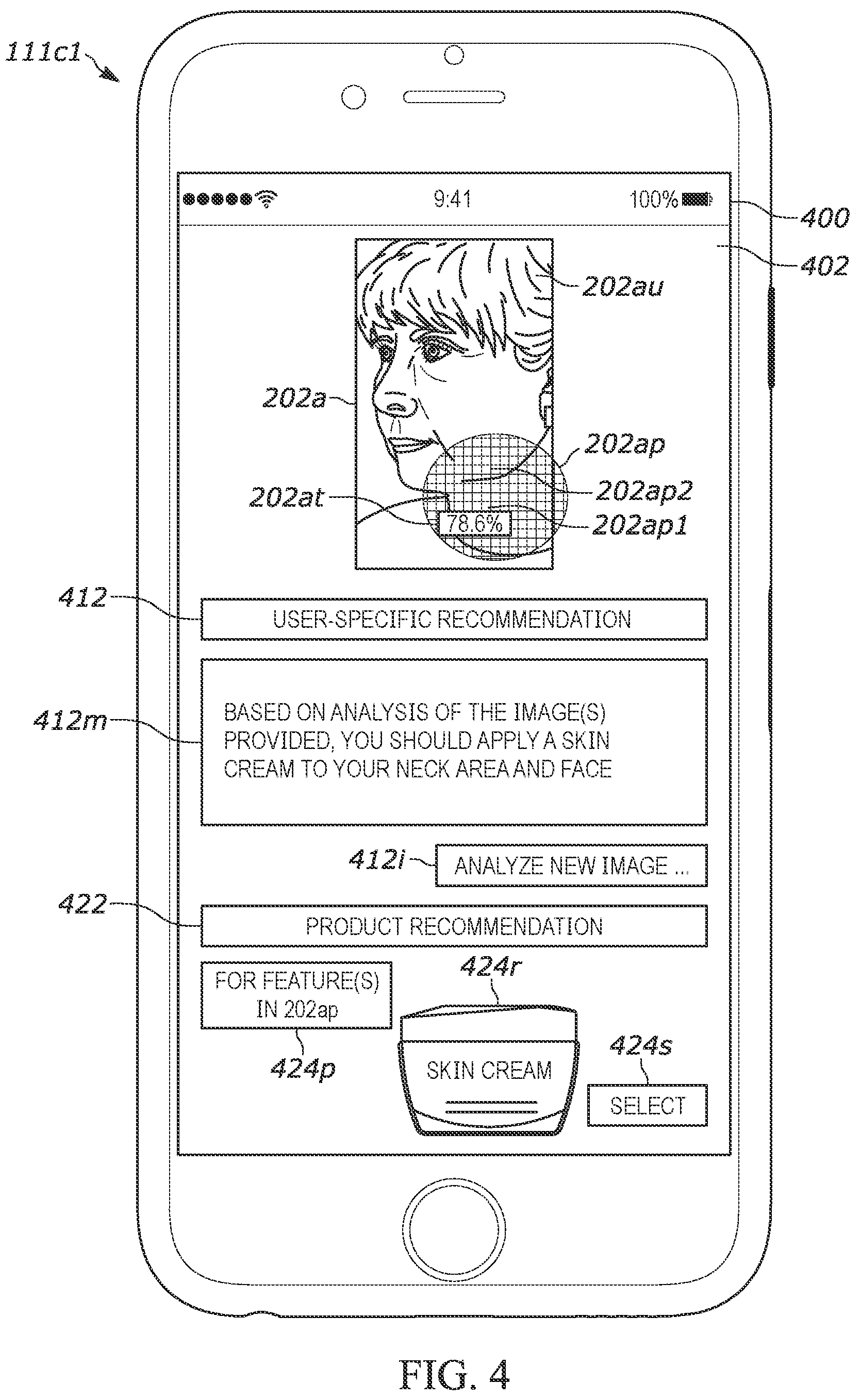 Patent US12322201 Figure 4 – Digital imaging systems and methods of analyzing pixel data of an image of a skin area of a user for determining skin hyperpigmentation