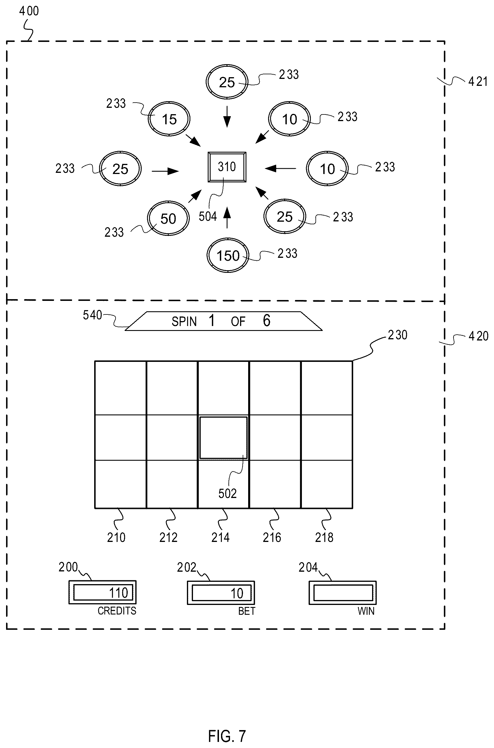 Patent US12322253 Figure 7 – Gaming machine with hierarchical collector feature