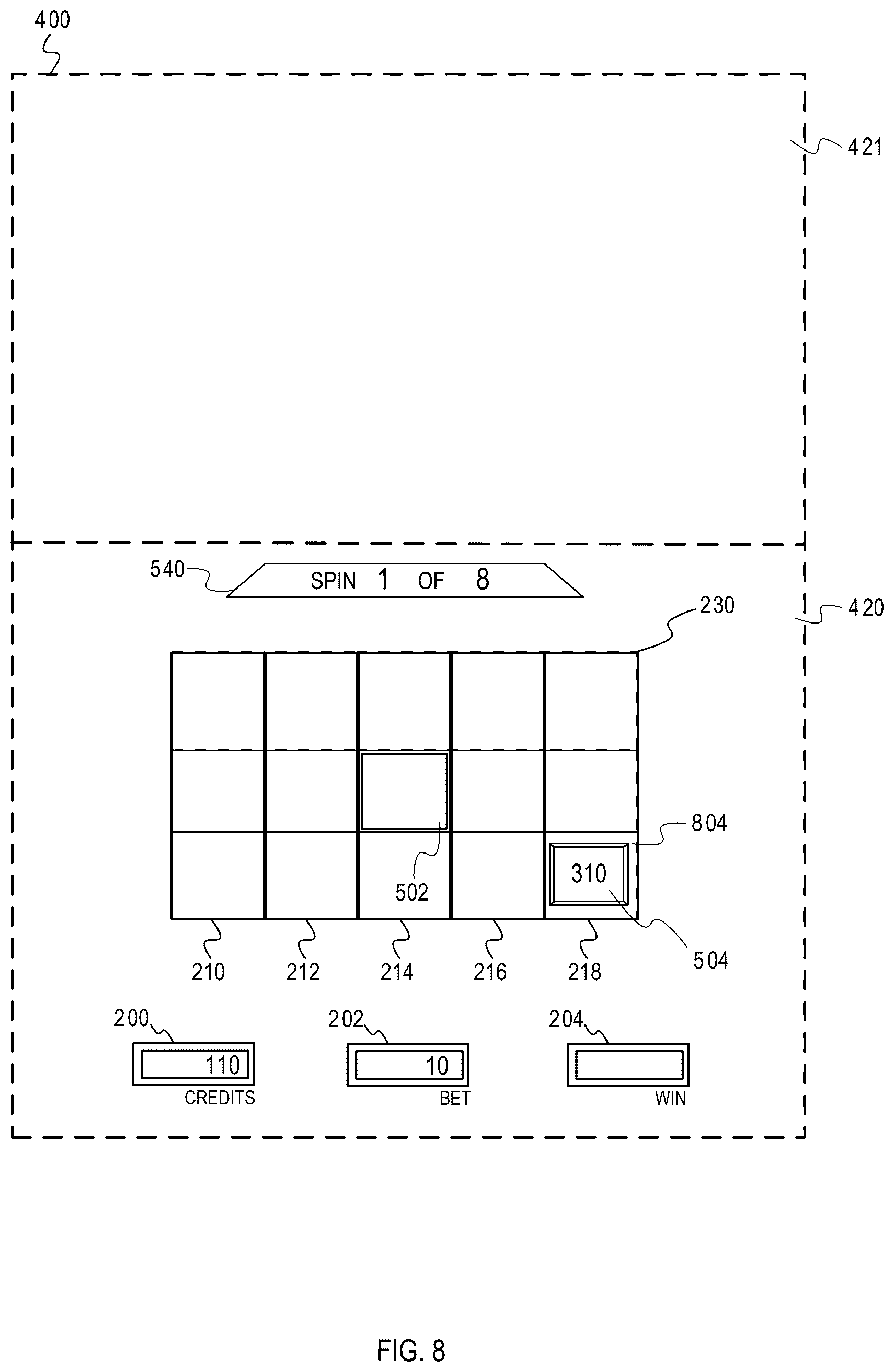 Patent US12322253 Figure 8 – Gaming machine with hierarchical collector feature