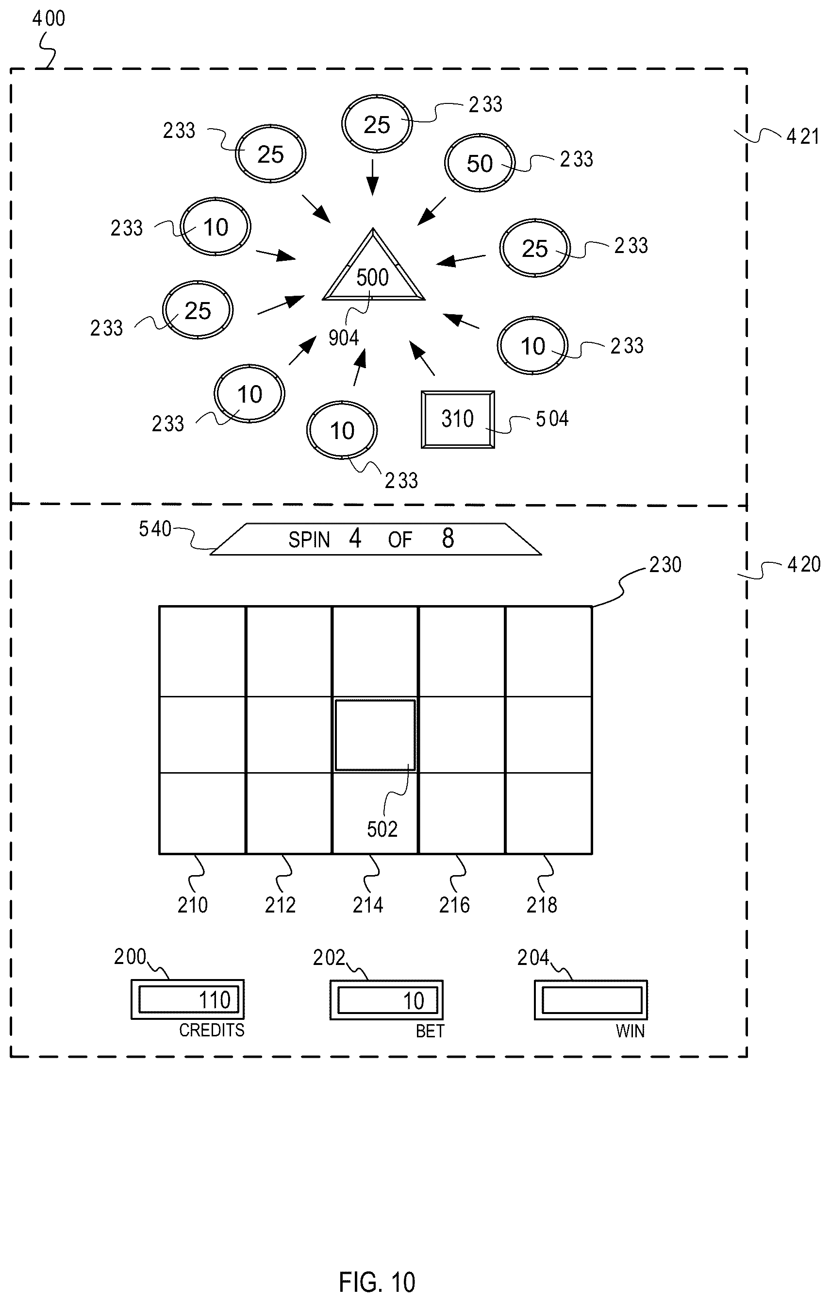 Patent US12322253 Figure 10 – Gaming machine with hierarchical collector feature