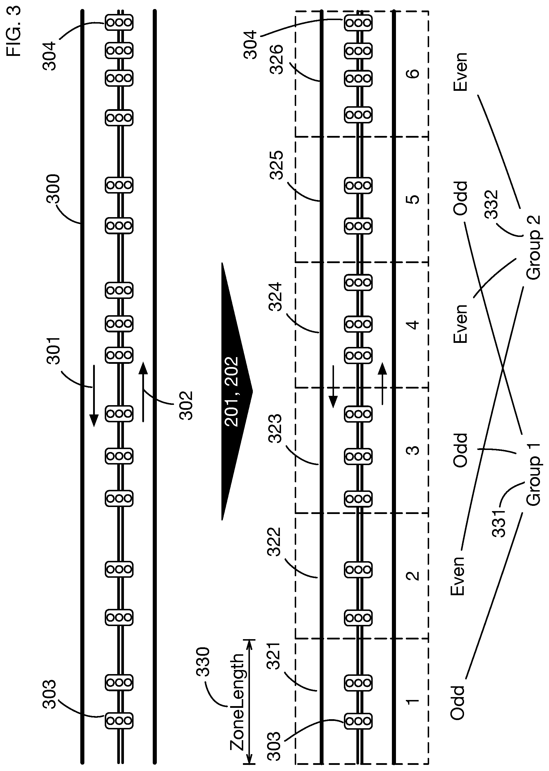 Patent US12322286 Figure 3 – Method of generating bidirectional green waves of traffic by alternating lights in zones