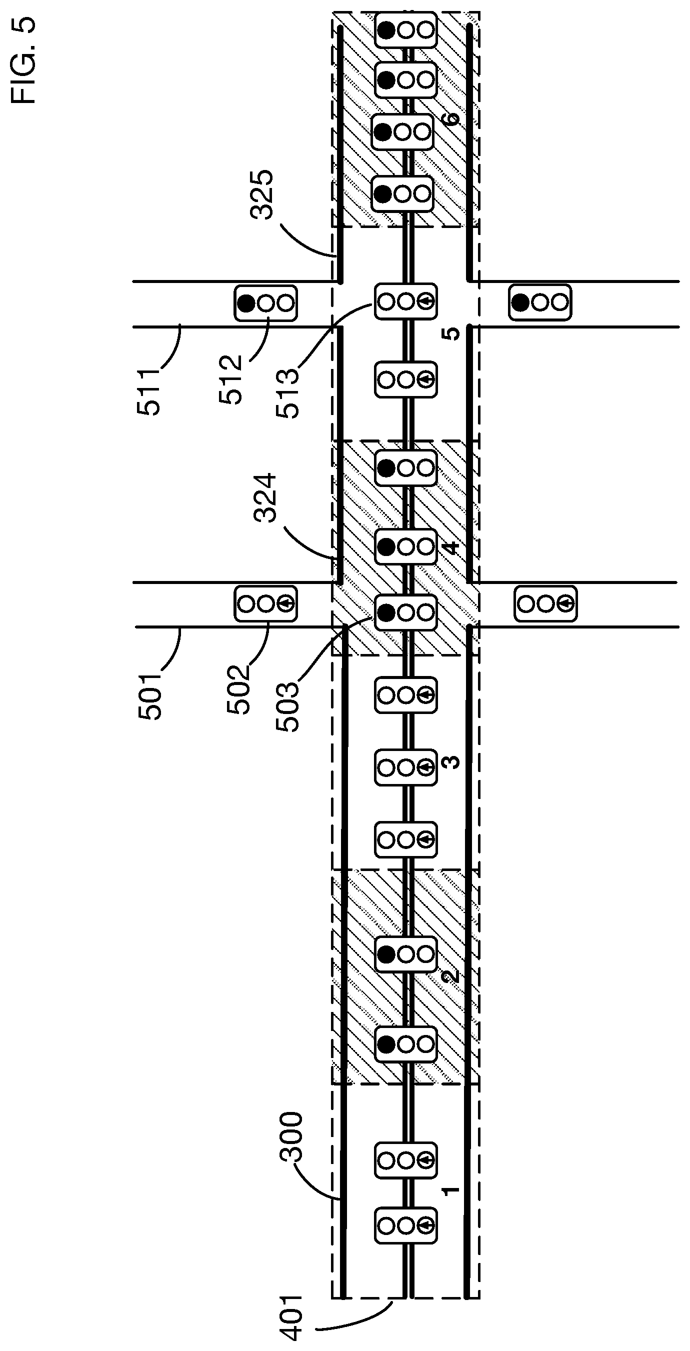 Patent US12322286 Figure 5 – Method of generating bidirectional green waves of traffic by alternating lights in zones