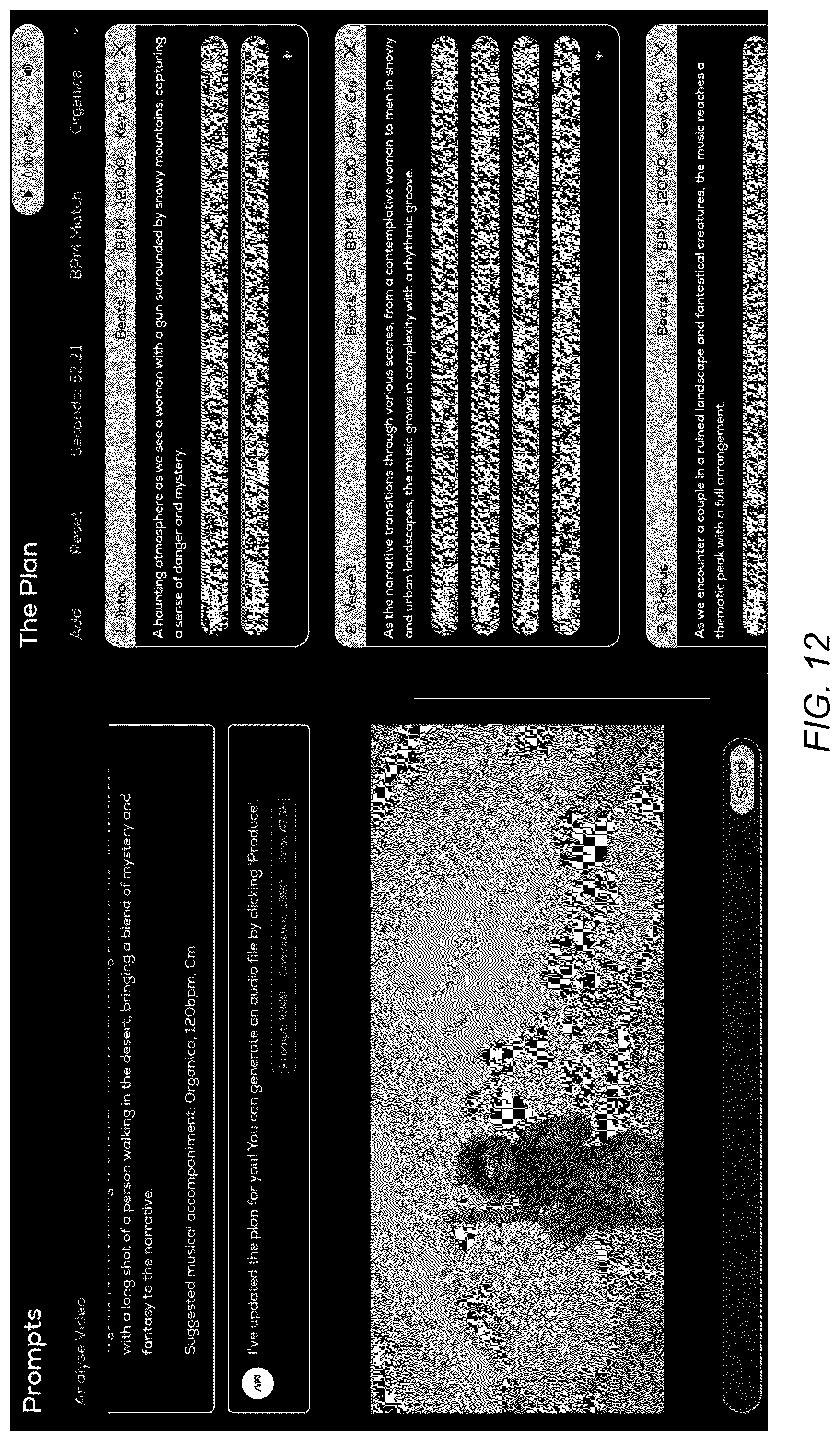 Patent US12322363 Figure 12 – Techniques for generating musical plan based on both explicit user parameter adjustments and automated parameter adjustments based on conversational interface