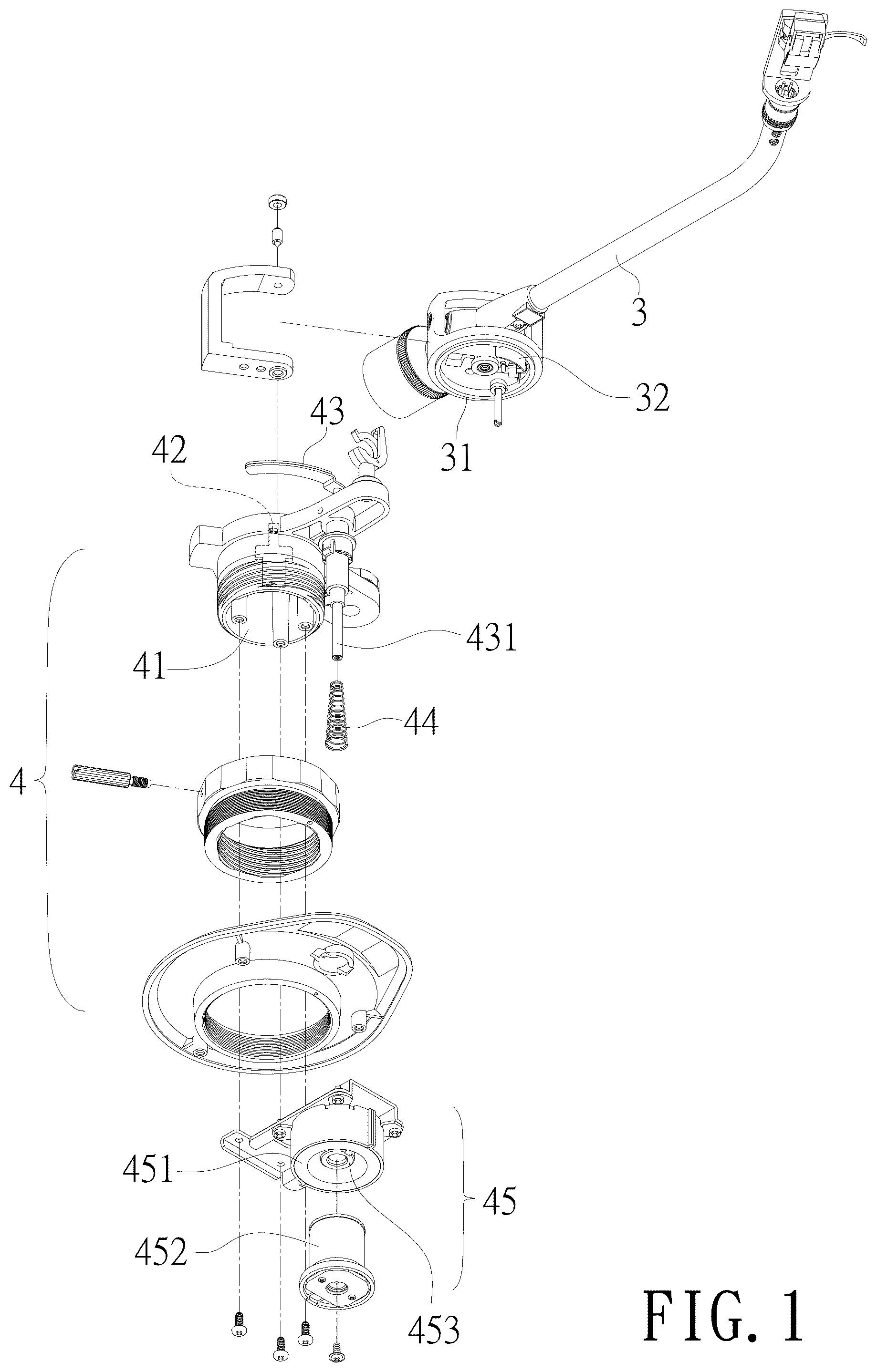 Patent US12322418 Figure 1 – Vinyl record player automatic stop and lift tonearm structure