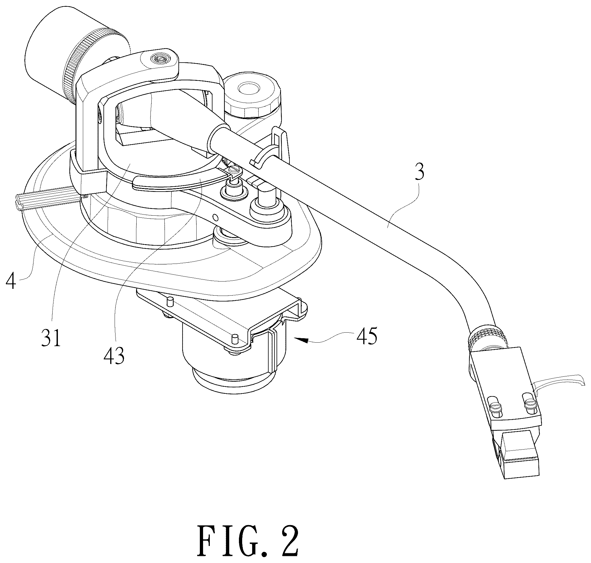 Patent US12322418 Figure 2 – Vinyl record player automatic stop and lift tonearm structure
