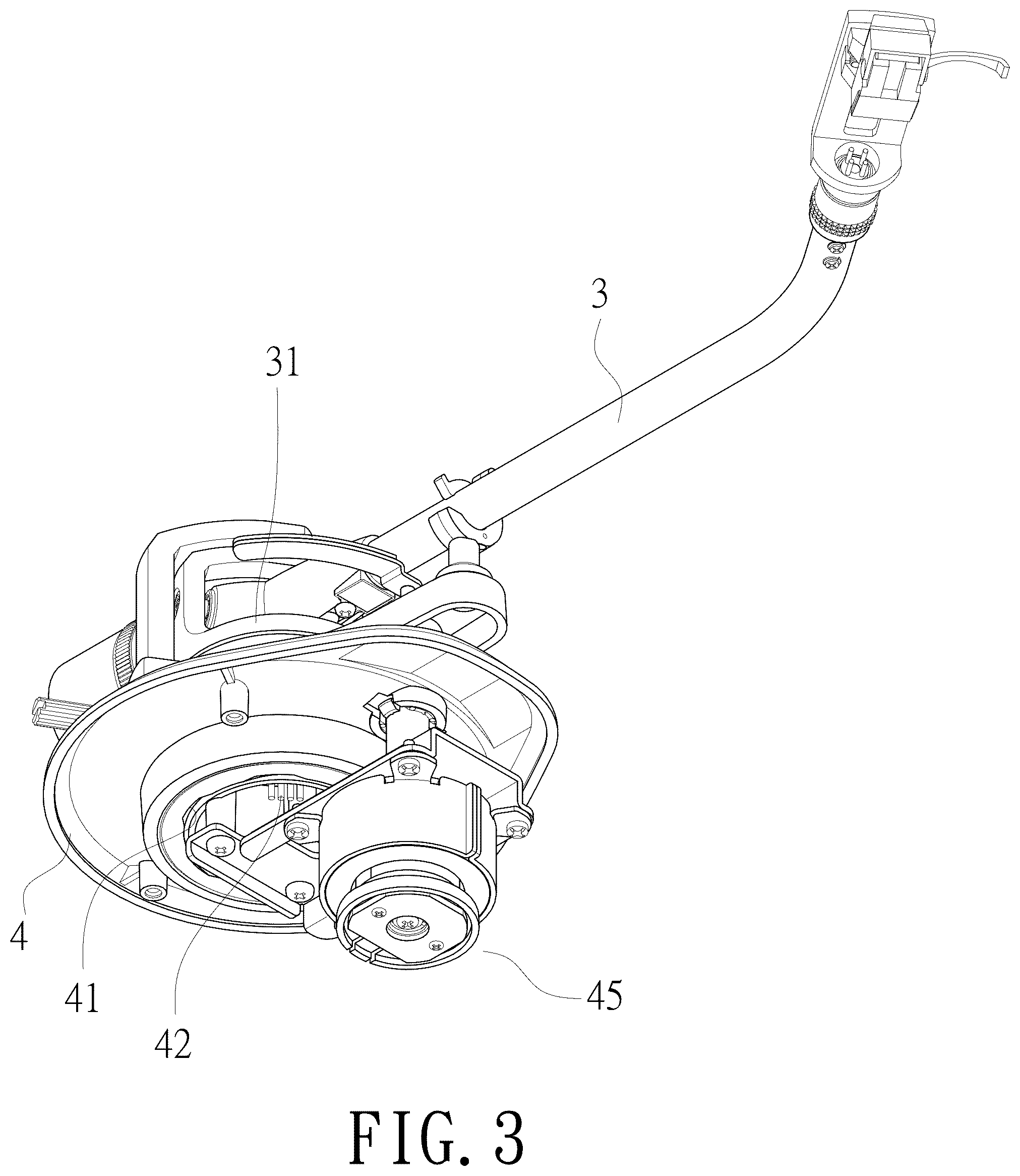 Patent US12322418 Figure 3 – Vinyl record player automatic stop and lift tonearm structure