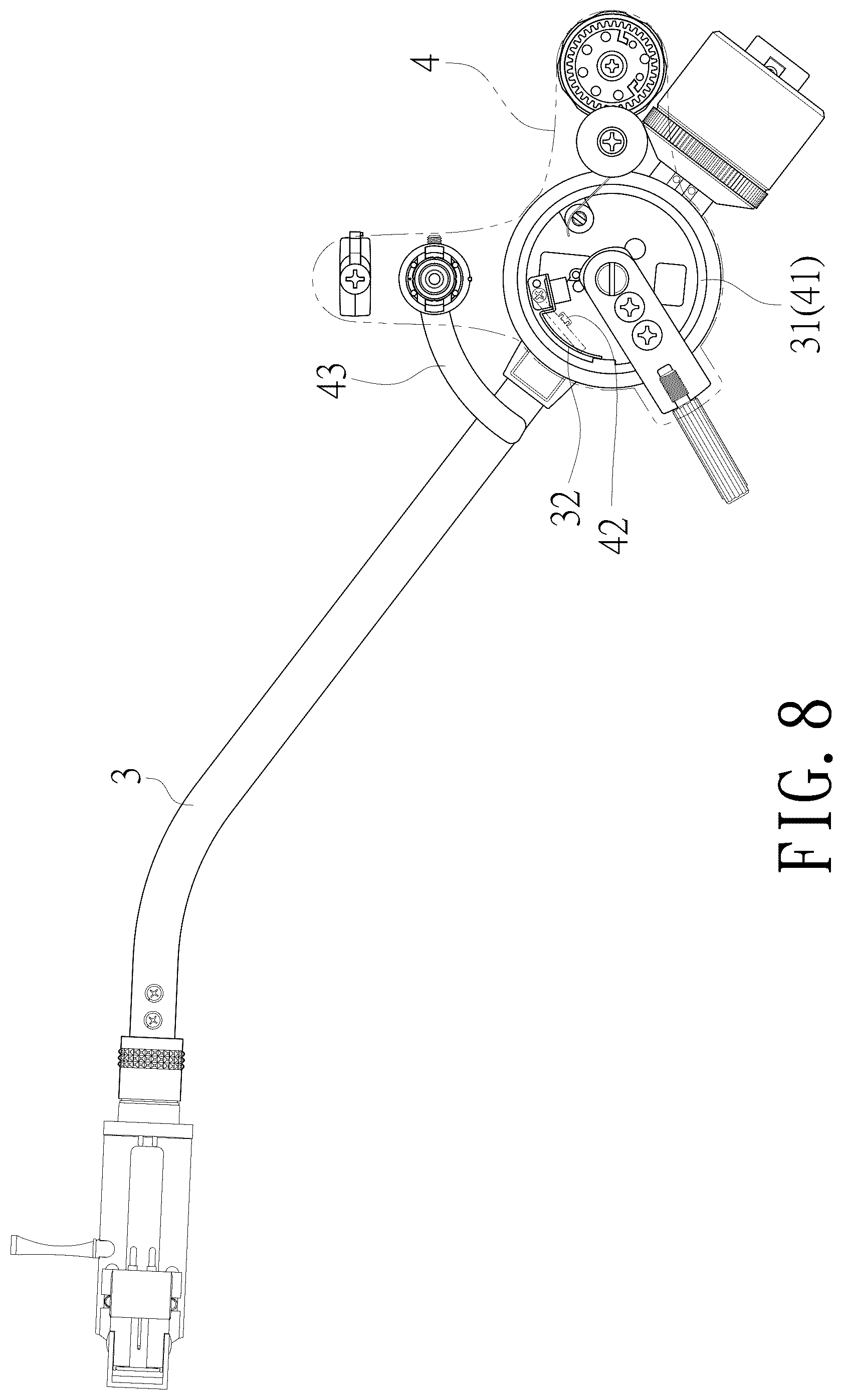 Patent US12322418 Figure 8 – Vinyl record player automatic stop and lift tonearm structure