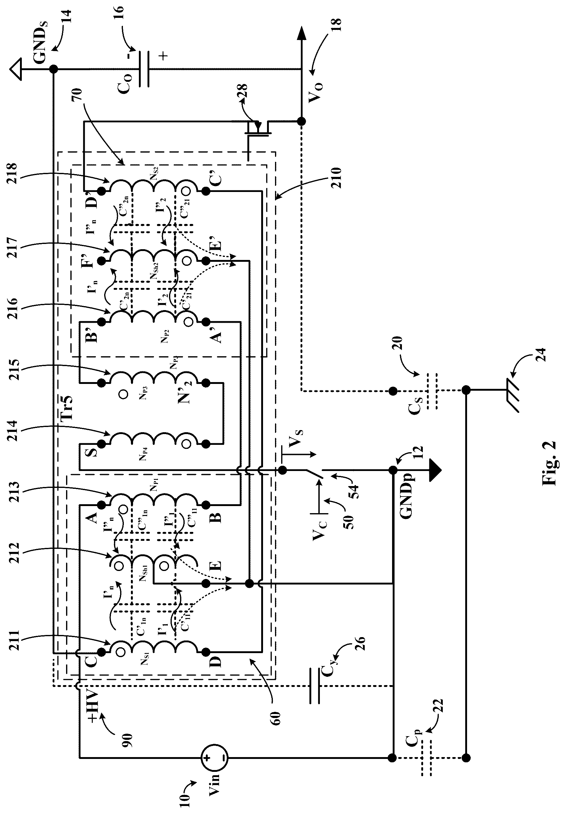 Patent US12322535 Figure 2 – Planar multilayer transformer with minimum noise injection in between primary and secondary winding