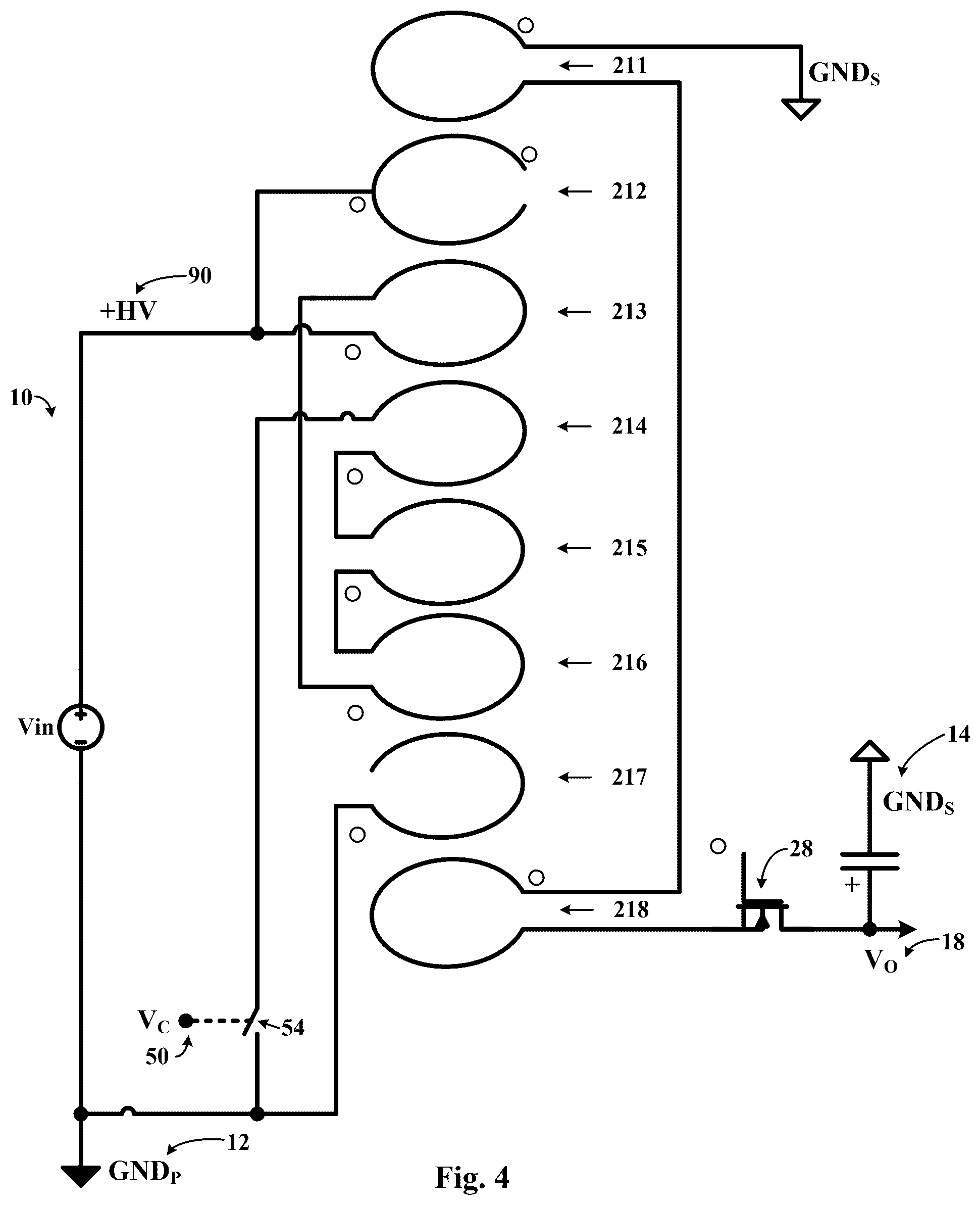 Patent US12322535 Figure 4 – Planar multilayer transformer with minimum noise injection in between primary and secondary winding