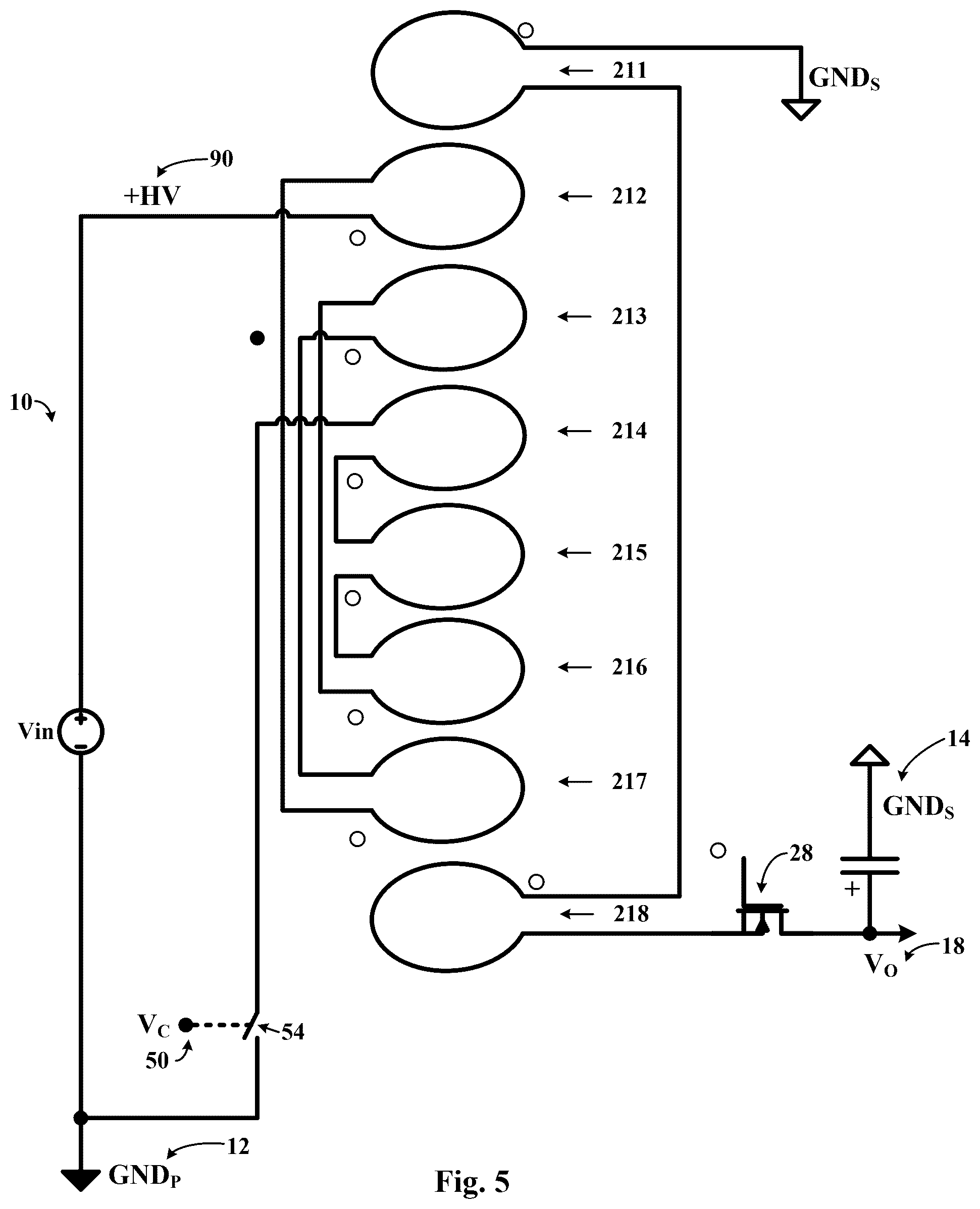 Patent US12322535 Figure 5 – Planar multilayer transformer with minimum noise injection in between primary and secondary winding