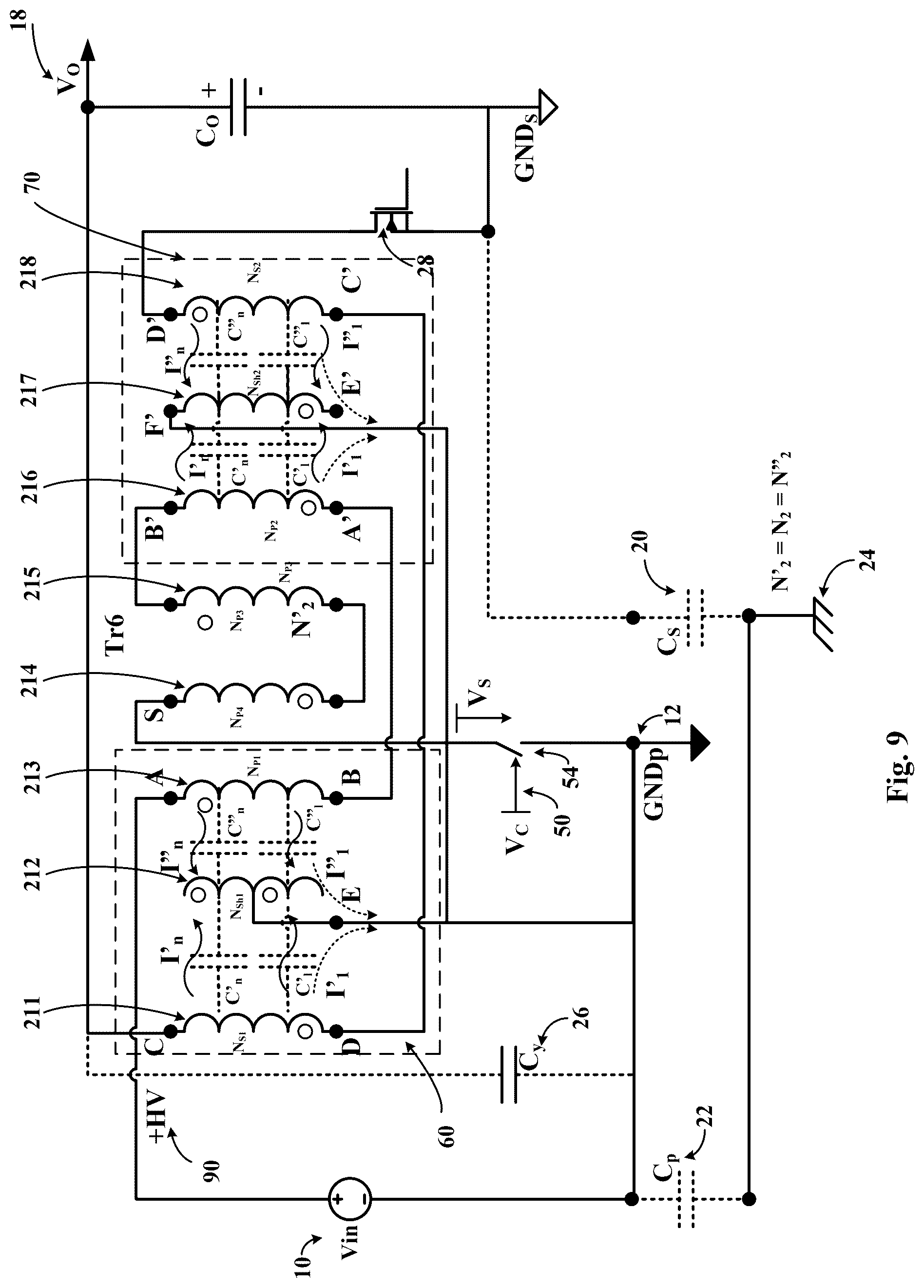 Patent US12322535 Figure 9 – Planar multilayer transformer with minimum noise injection in between primary and secondary winding