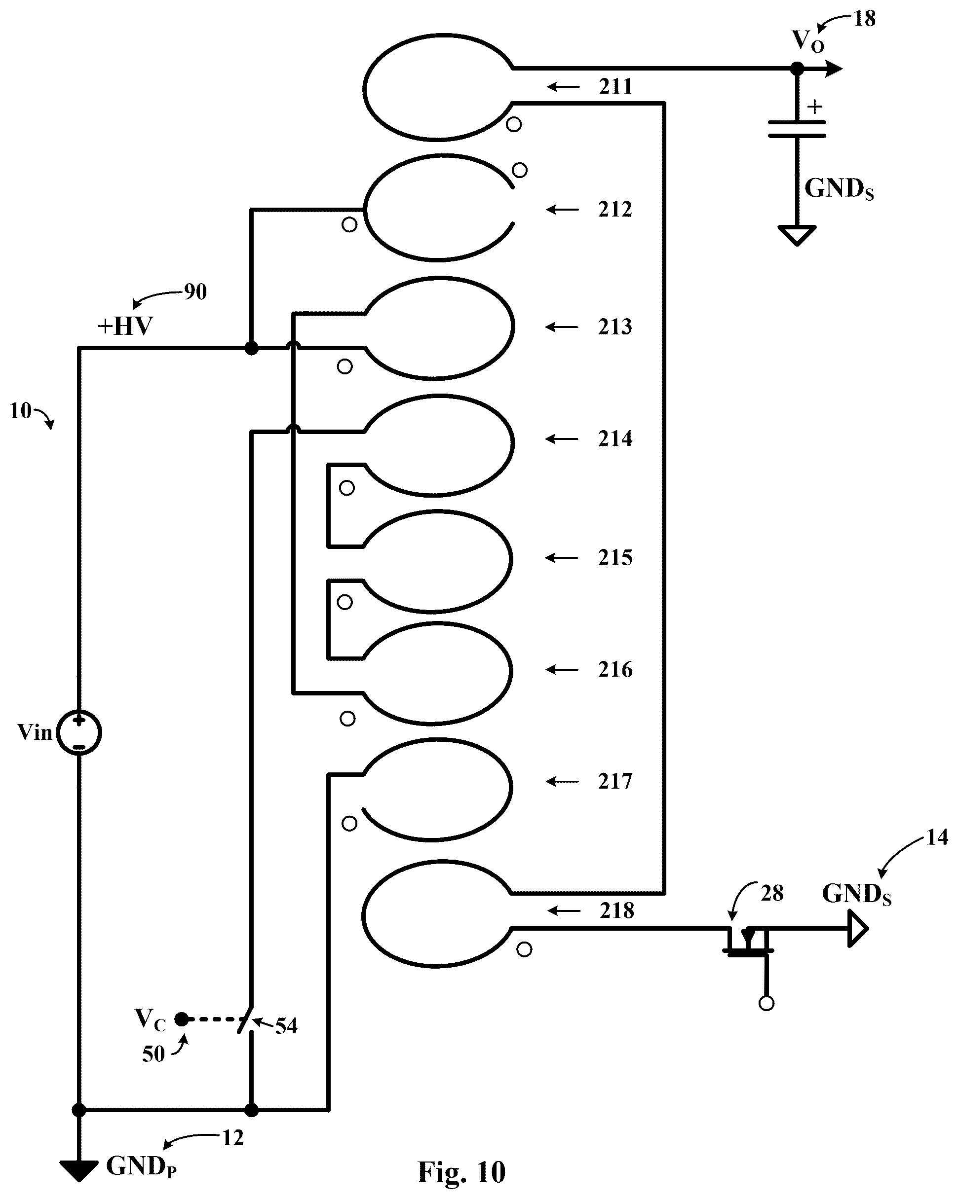 Patent US12322535 Figure 10 – Planar multilayer transformer with minimum noise injection in between primary and secondary winding