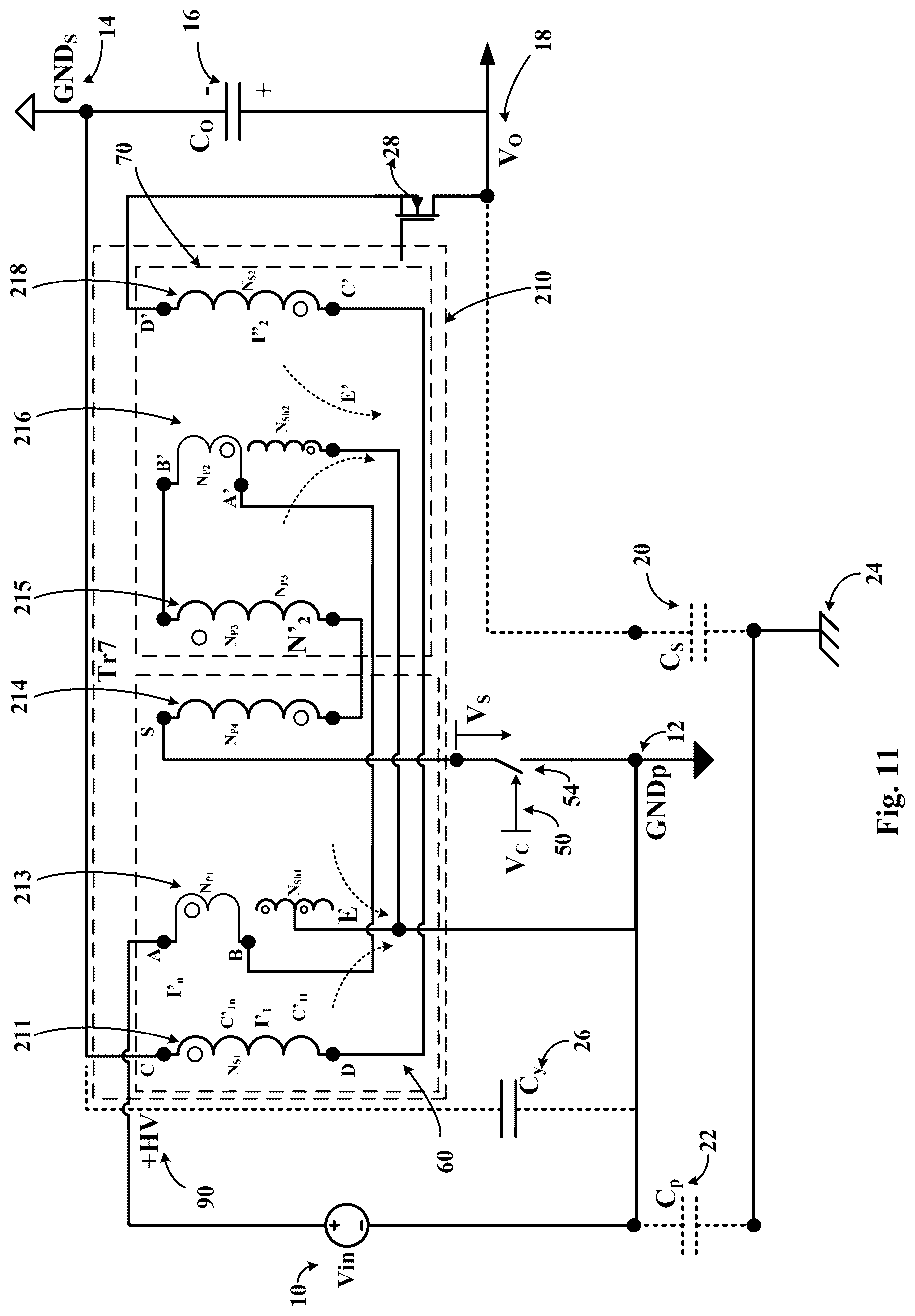 Patent US12322535 Figure 11 – Planar multilayer transformer with minimum noise injection in between primary and secondary winding