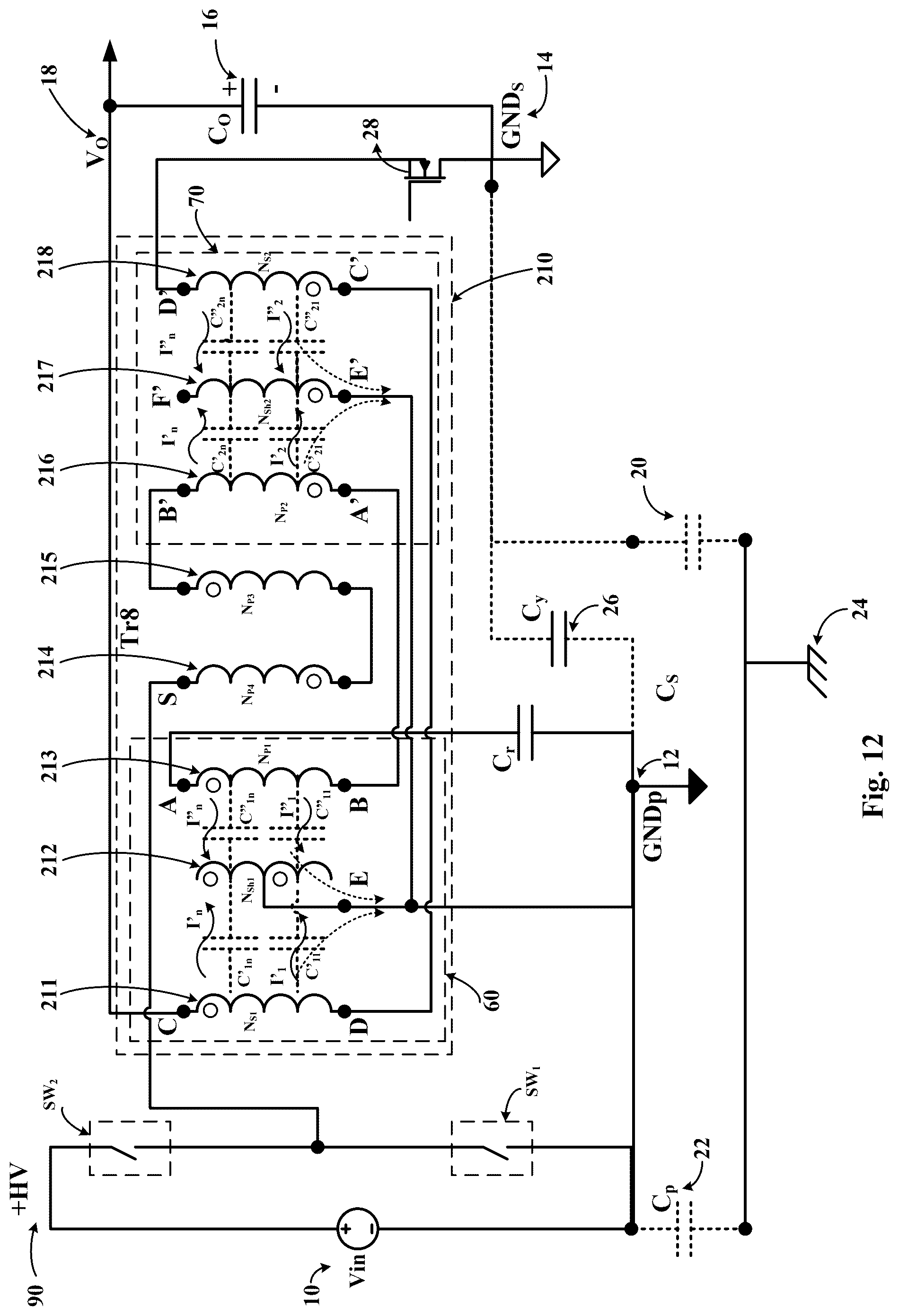 Patent US12322535 Figure 12 – Planar multilayer transformer with minimum noise injection in between primary and secondary winding