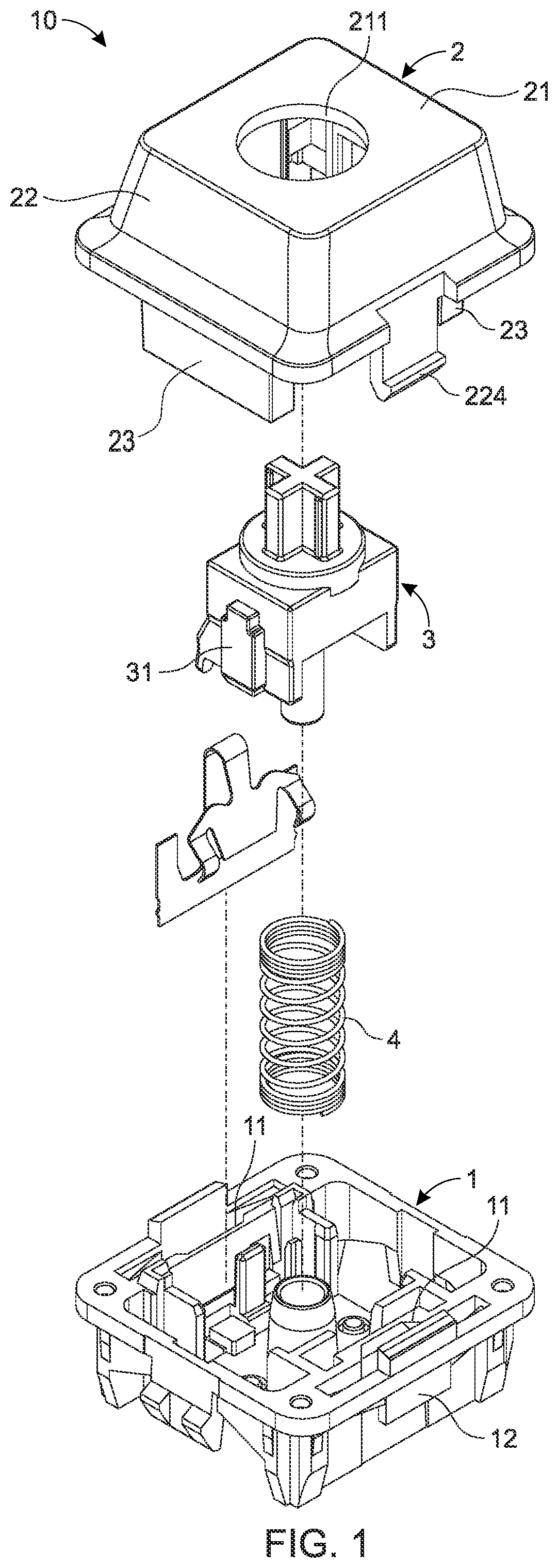 Patent US12322558 Figure 1 – Key structure with light-guiding function