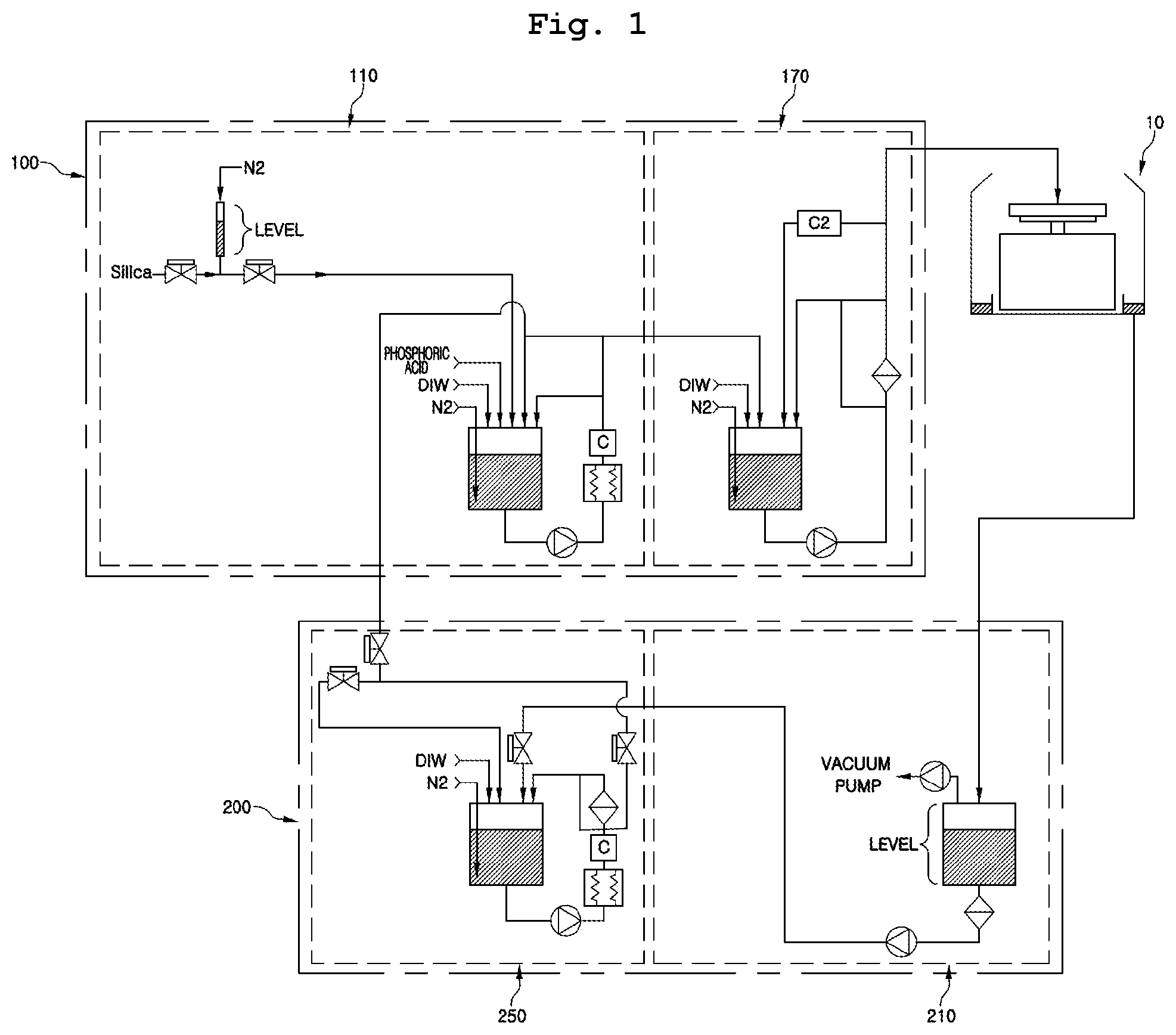 Patent US12322610 Figure 1 – Processing liquid supply apparatus and method of removing solids from processing liquid supply apparatus