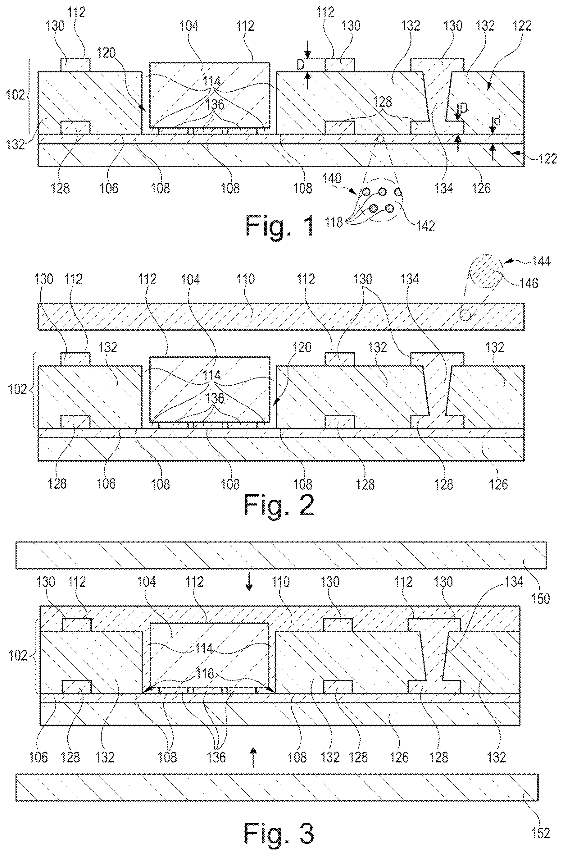 Patent US12322622 Figure 1 – Component carrier with gap around component core and filled with first material in bottom portion and with second material in top portion