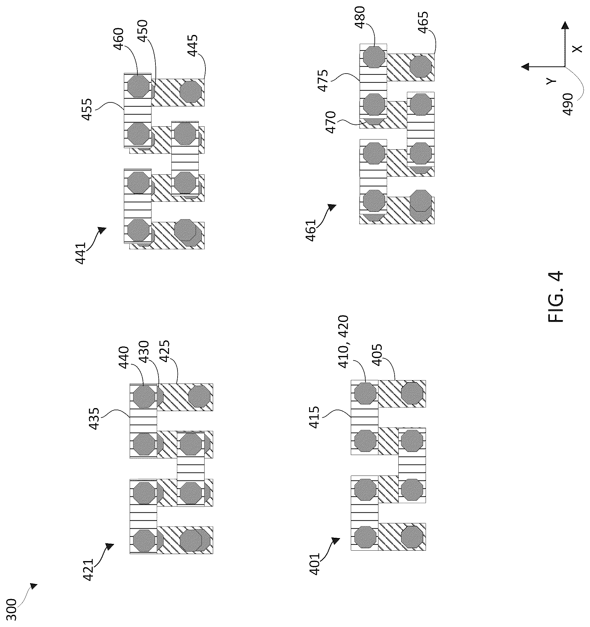 Patent US12322661 Figure 4 – Shifted via-chain electrical-test measurements for hybrid bonding alignment correlation