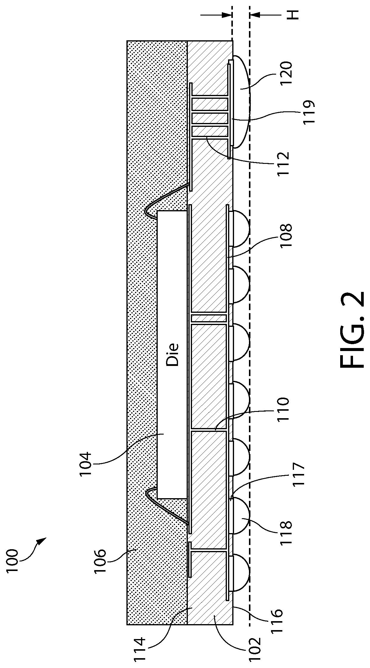 Patent US12322689 Figure 2 – Semiconductor device package with combined contacts