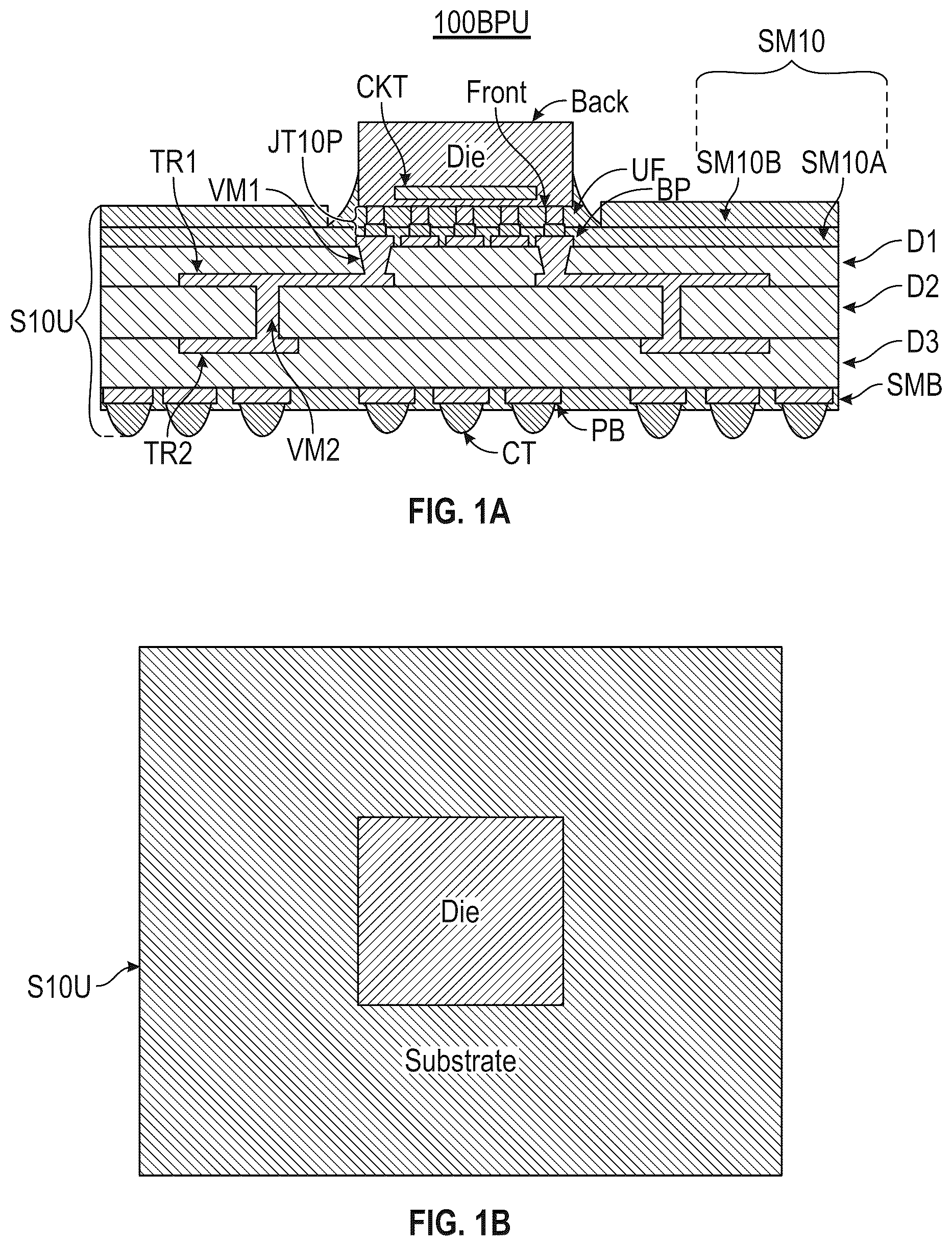 Patent US12322690 Figure 1 – Circuit packages and fabrication methods using bond-on-pad (BoP) substrate technology