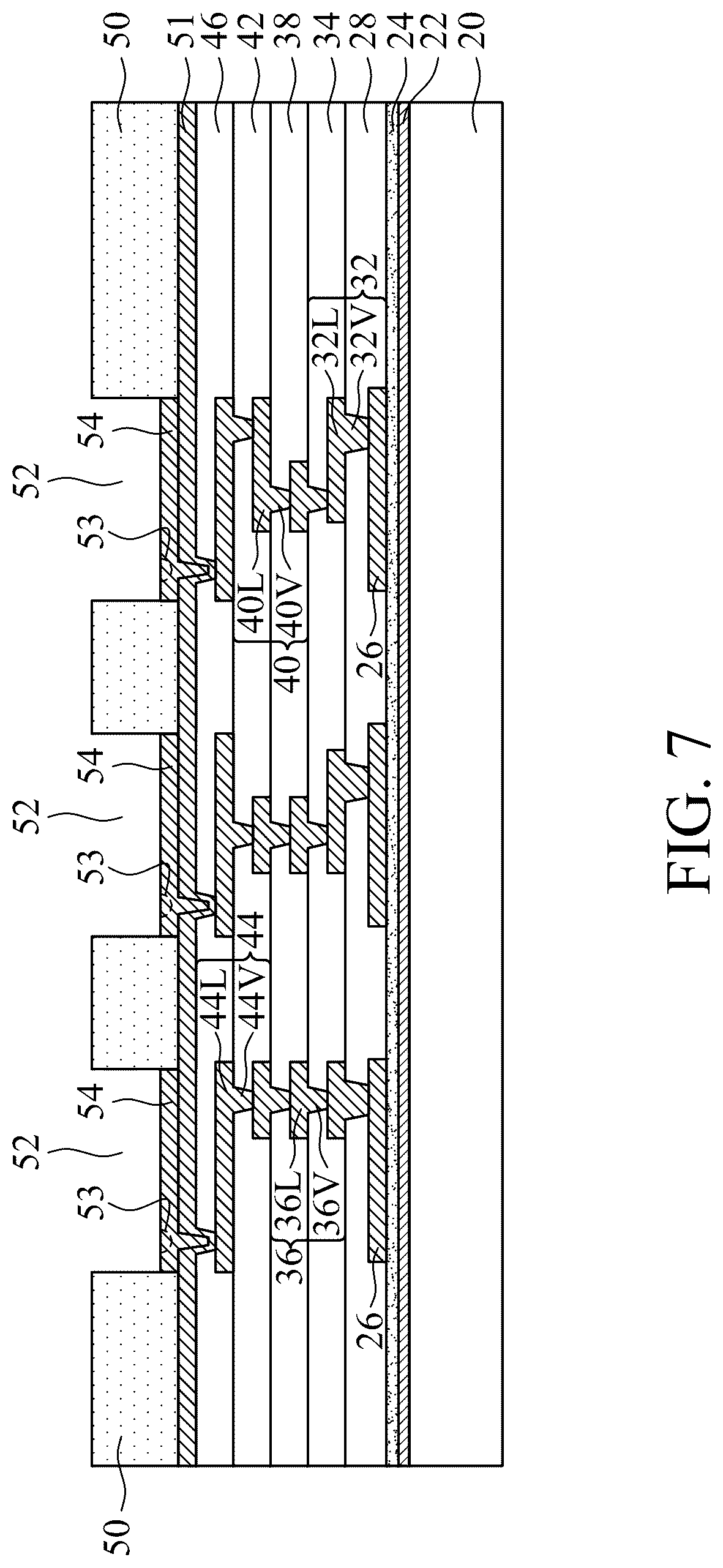 Patent US12322703 Figure 7 – Eccentric via structures for stress reduction