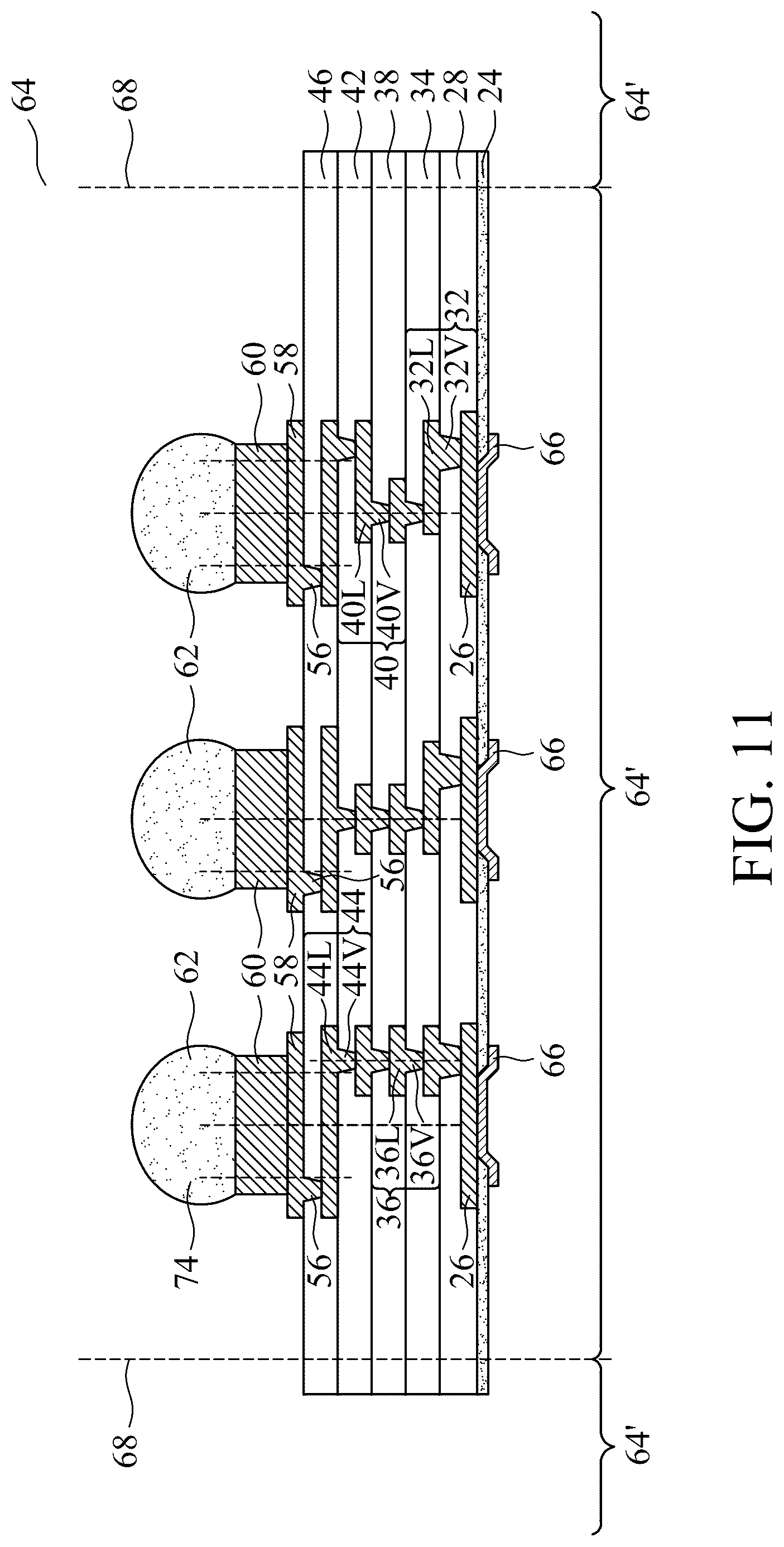 Patent US12322703 Figure 11 – Eccentric via structures for stress reduction