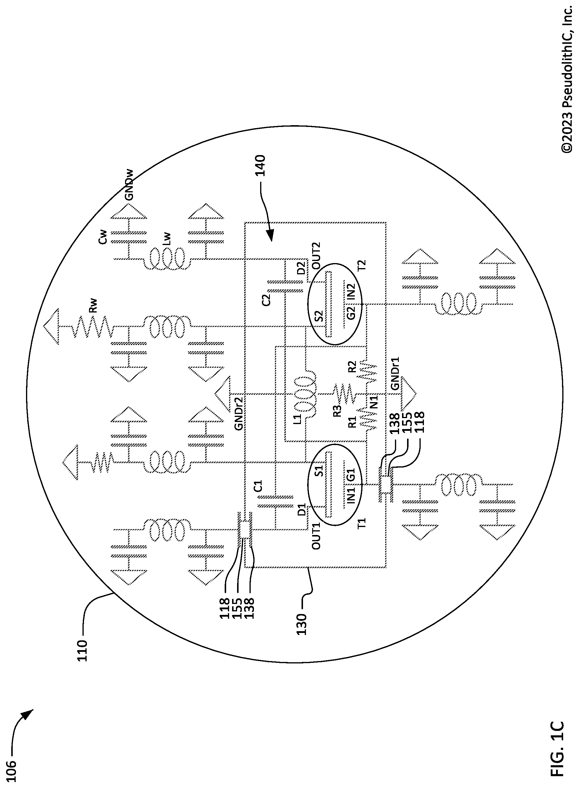 Patent US12322714 Figure 3 – Heterogeneous integration of radio frequency transistor chiplets having interconnection tuning circuits