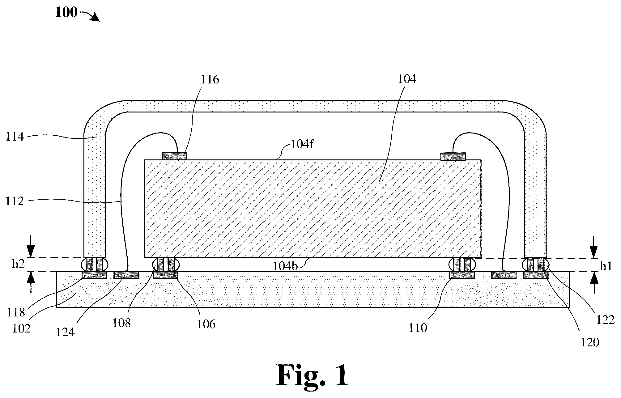 Patent US12322722 Figure 1 – Die attached leveling control by metal stopper bumps