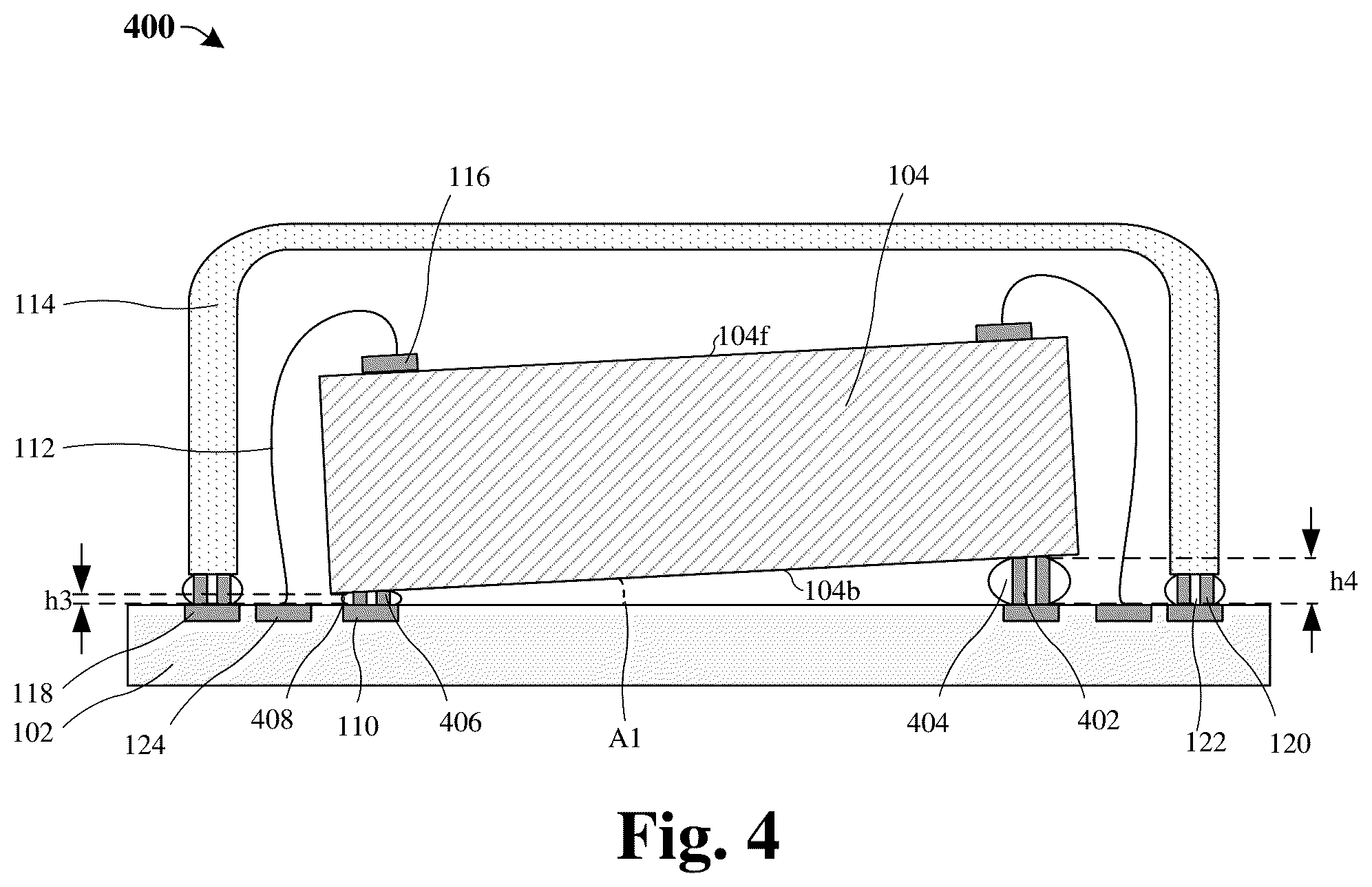 Patent US12322722 Figure 4 – Die attached leveling control by metal stopper bumps