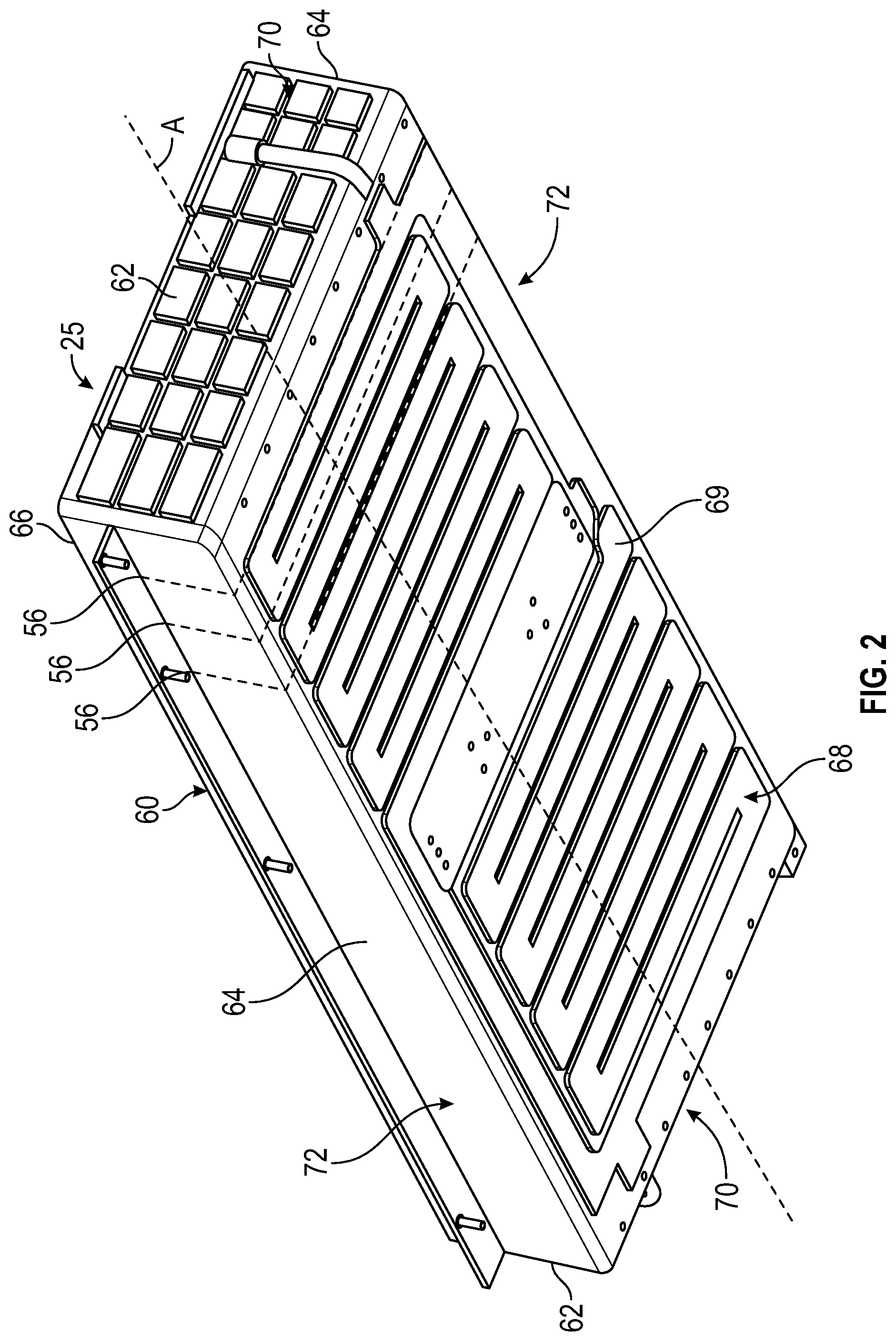 Patent US12322777 Figure 2 – Battery array designs with integrated roll bonded cold plates