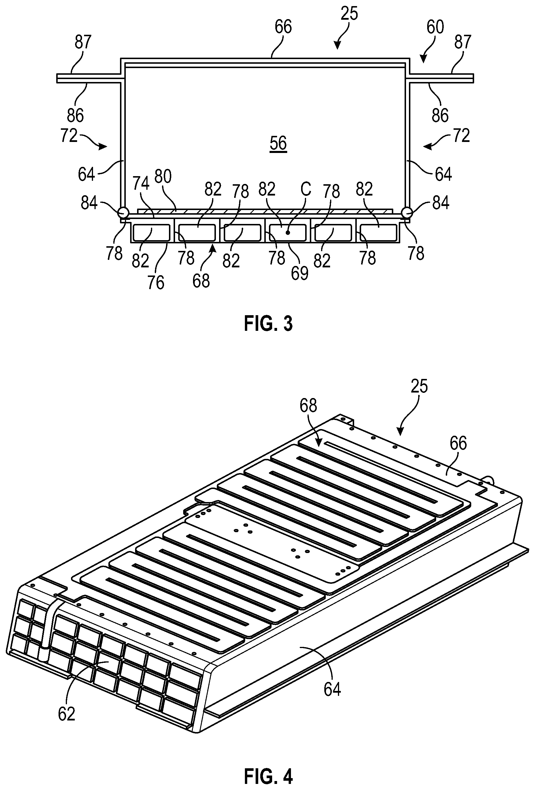 Patent US12322777 Figure 3 – Battery array designs with integrated roll bonded cold plates