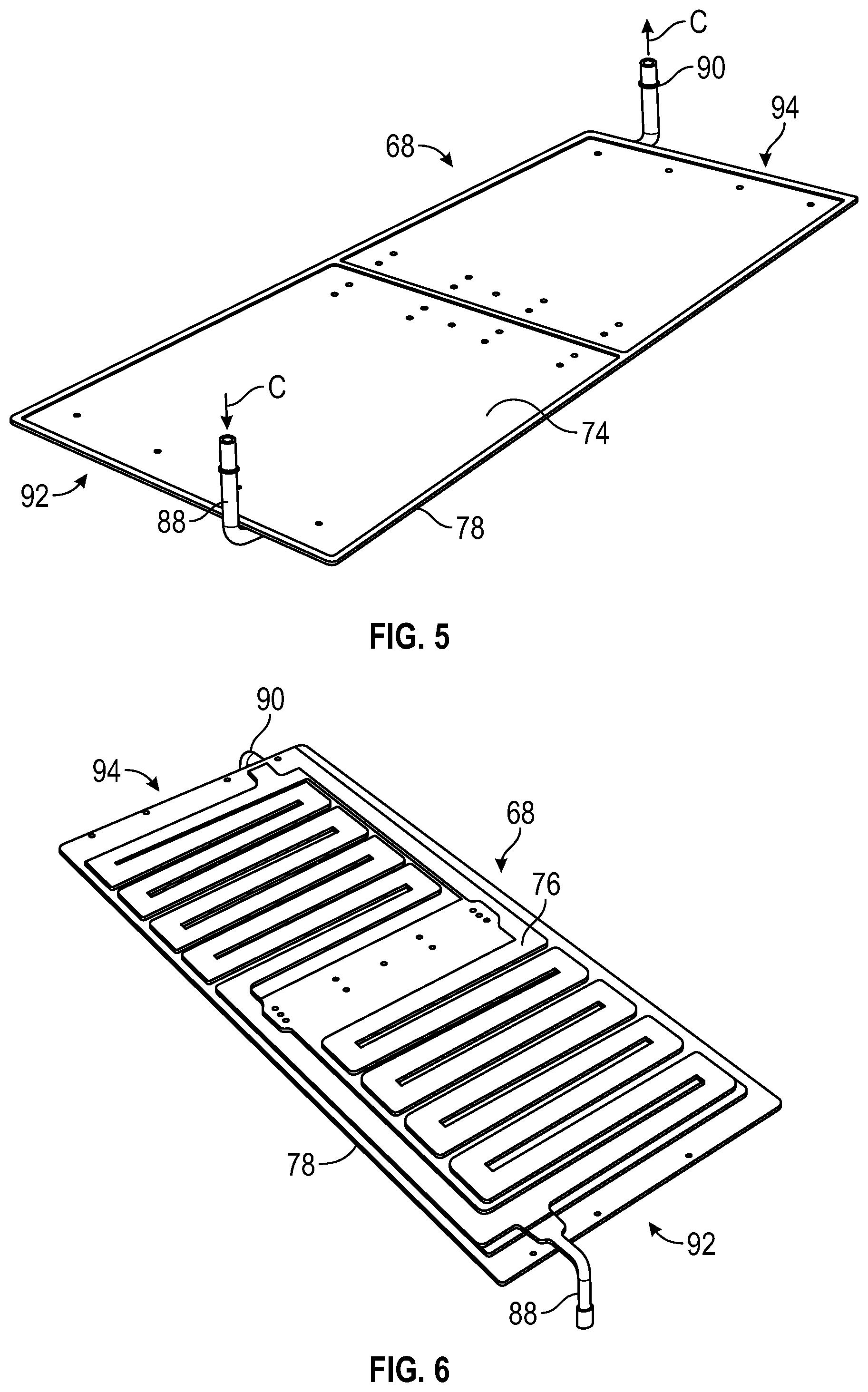 Patent US12322777 Figure 4 – Battery array designs with integrated roll bonded cold plates